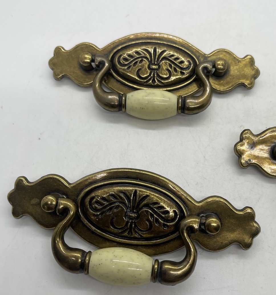 Brass Drawer 3 Pulls And w Knobs With Beige Ceramic Bead Center Vintage