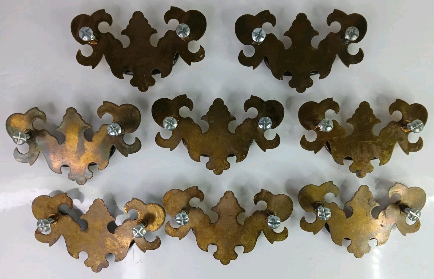 Vintage Chippendale Batwing Brass Drawer Pulls, Set of 8, Bail Handles w/ Screws