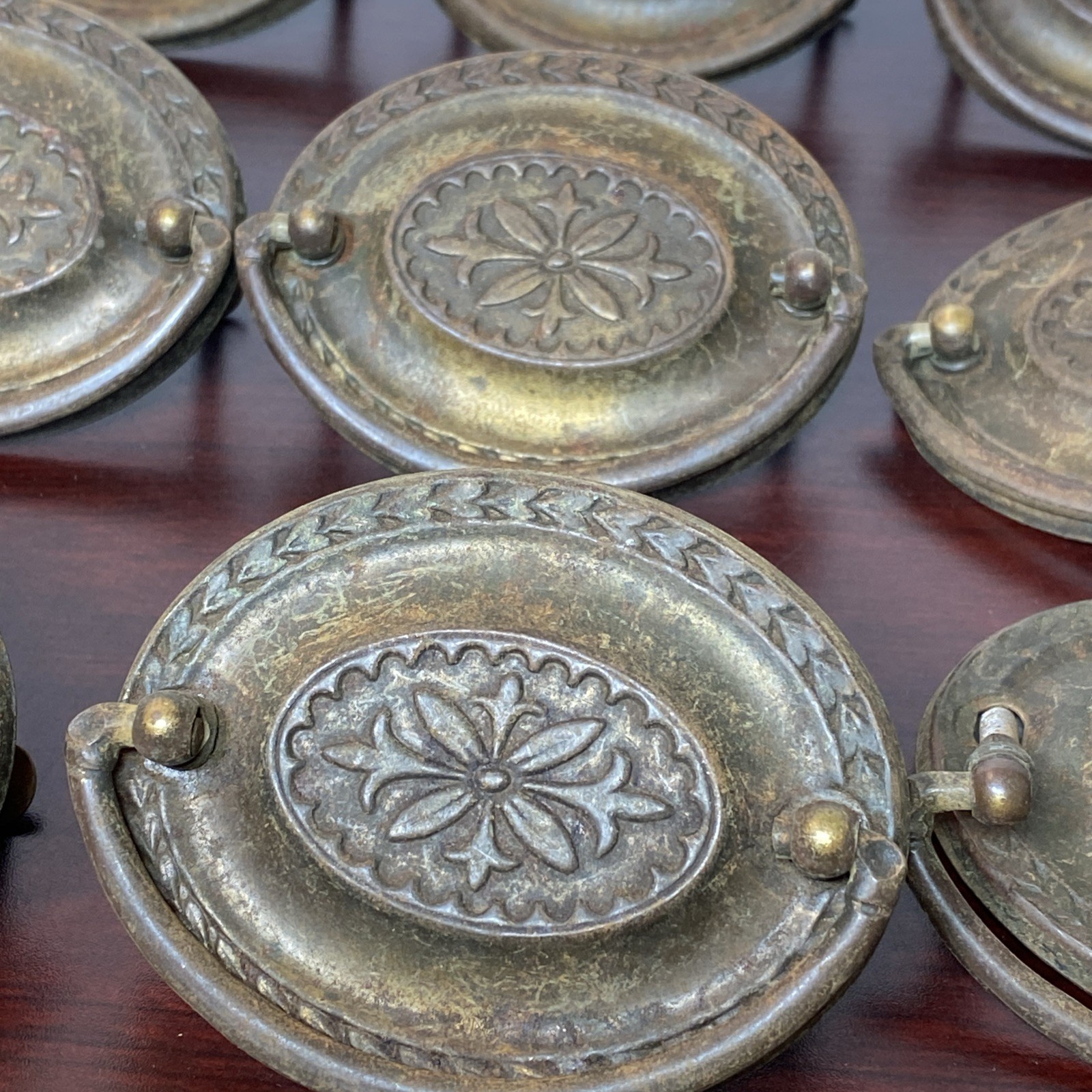 2.5” Hepplewhite Drop Bail Oval Antique Brass Plated 12 Vtg drawer Pulls handles