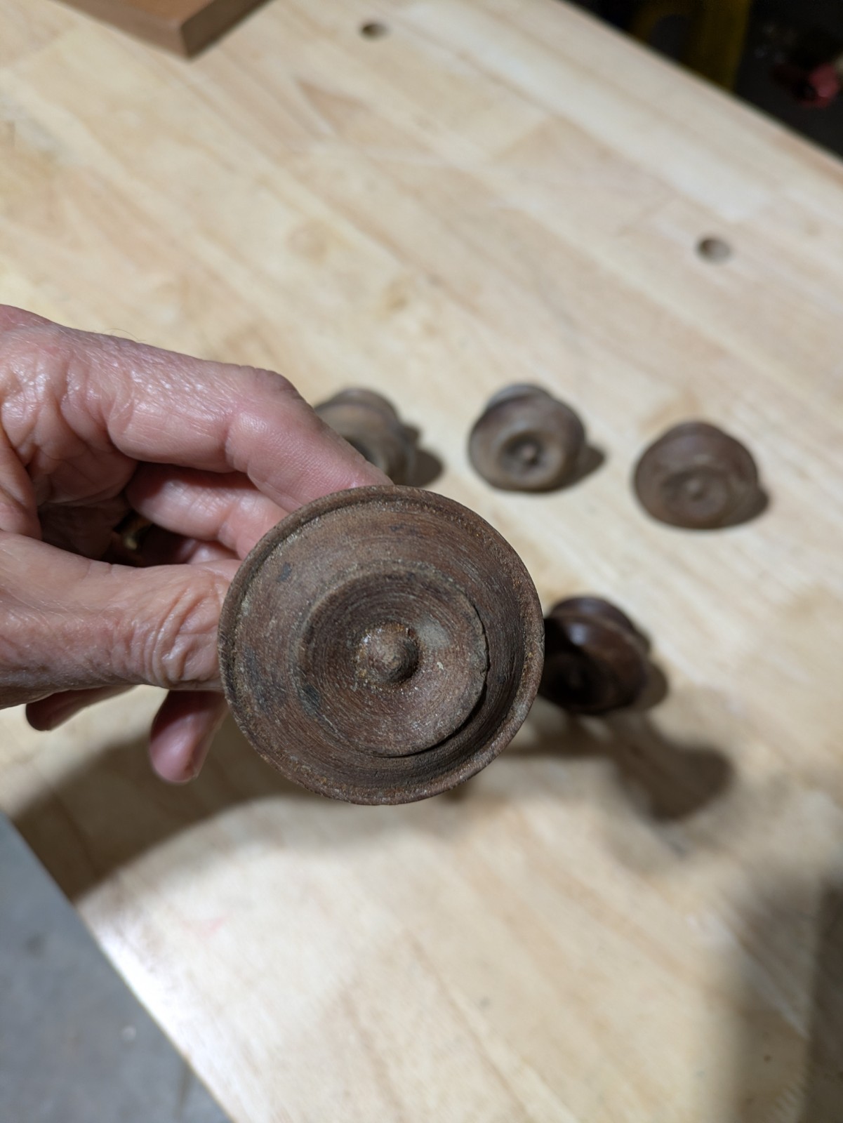 Antique Original Walnut Fancy Turned Front Mushroom Pulls, Set Of 5