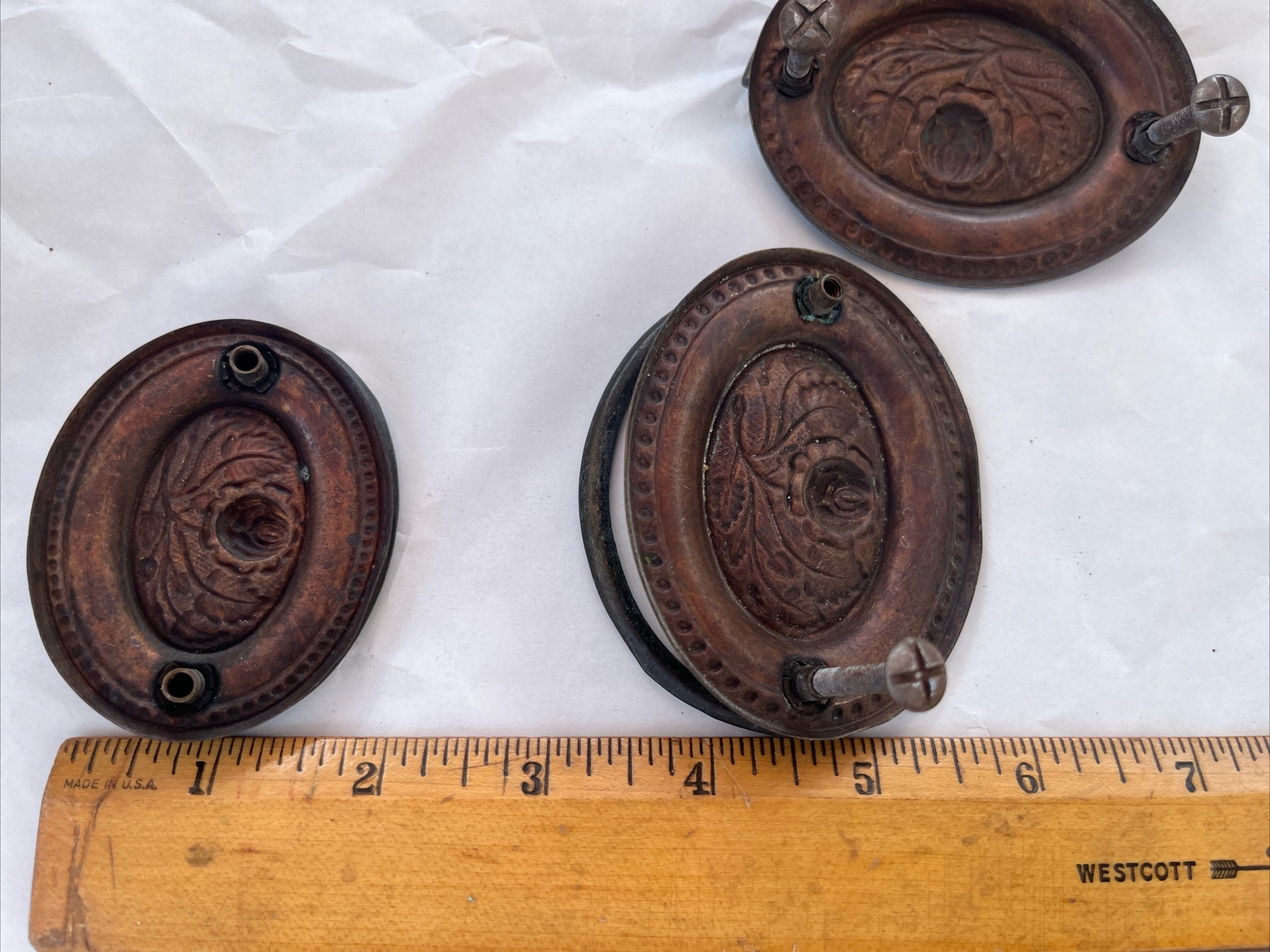 3 Antique Vintage Metal Drawer Drop Bail Oval Rose Leaf Center
