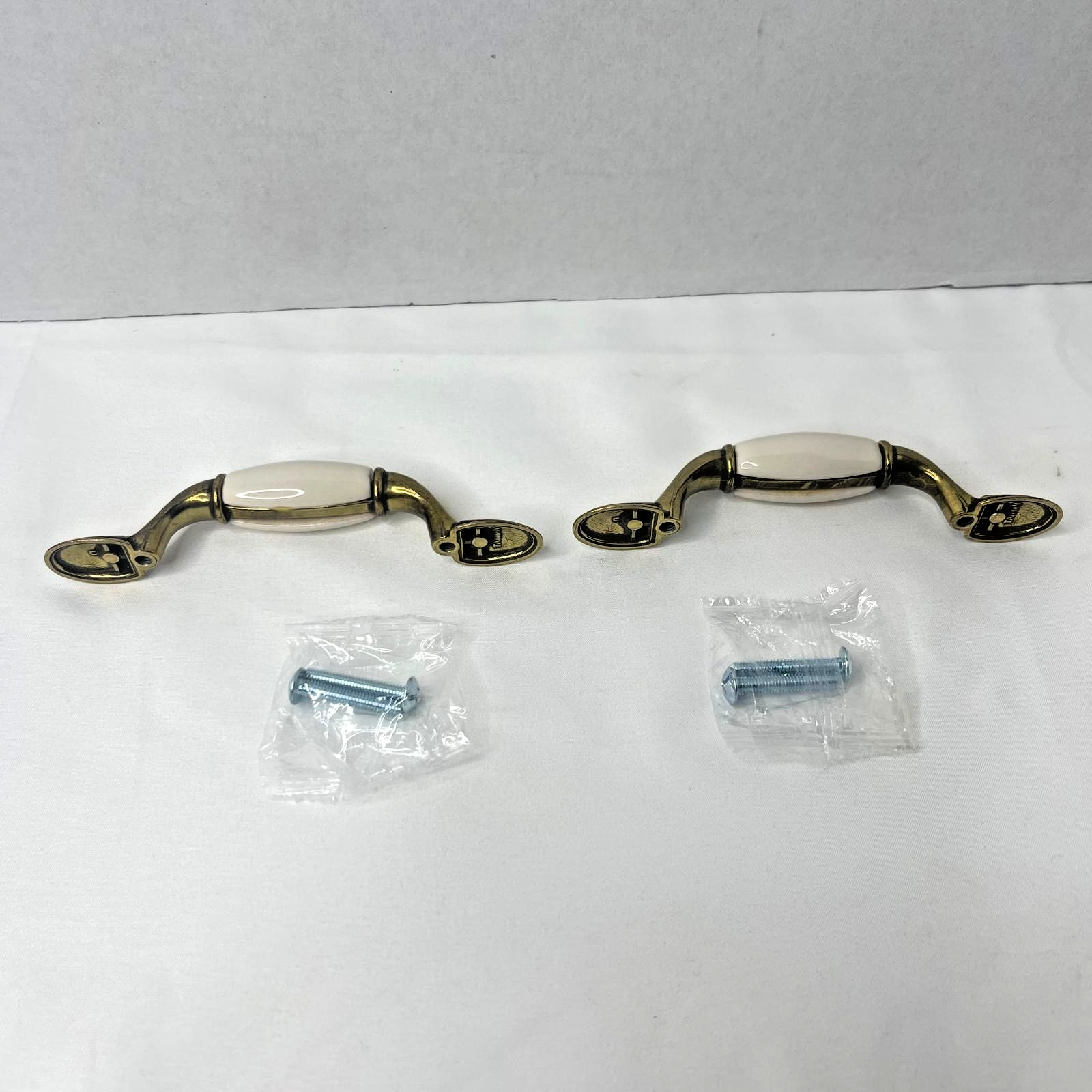 Set of 2 Vintage Drawer Pulls Brass & Off- White Ceramic Handles w Screws