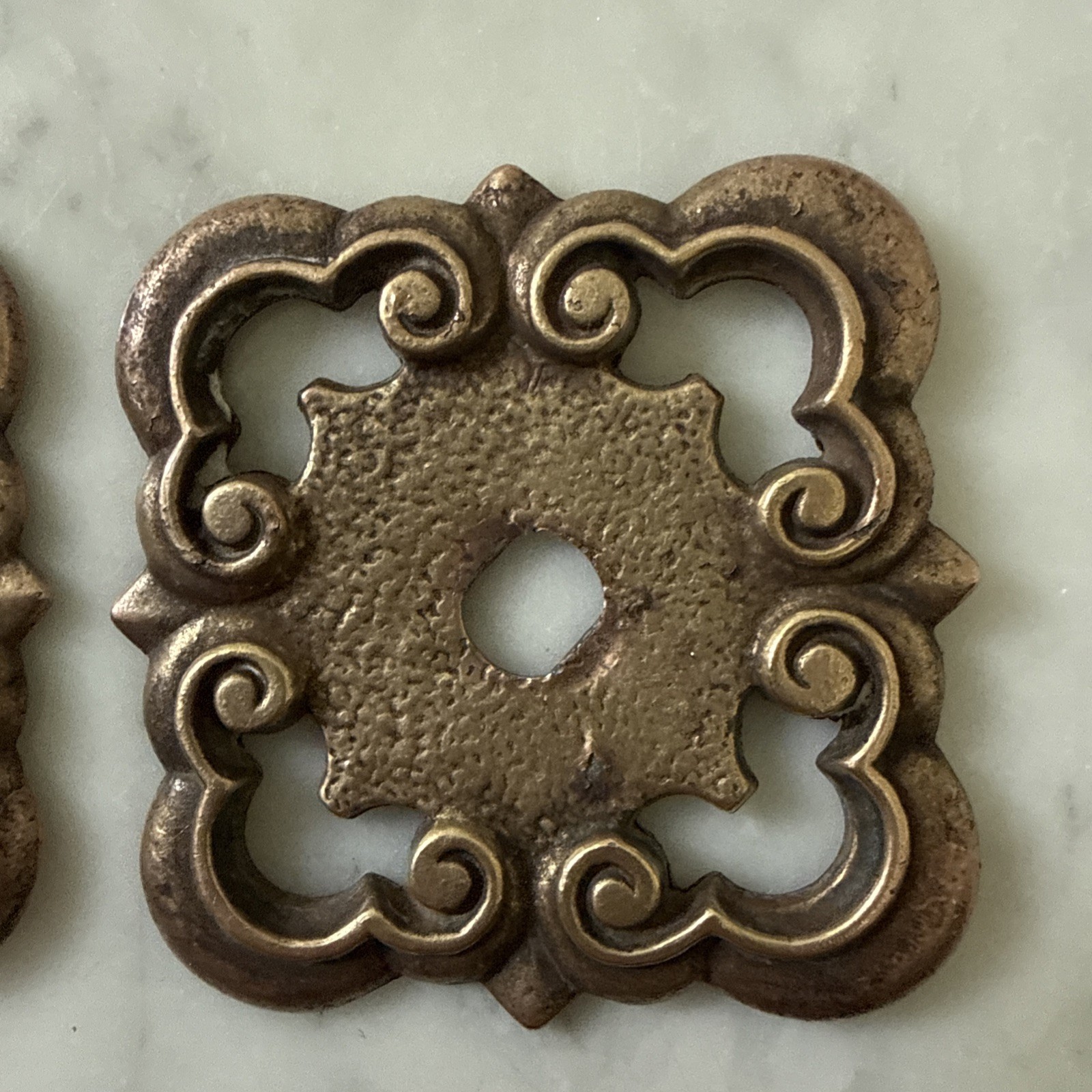 Pair of Vintage KBC Ornate Small Square Backplate (KBC brass co, style N3064)