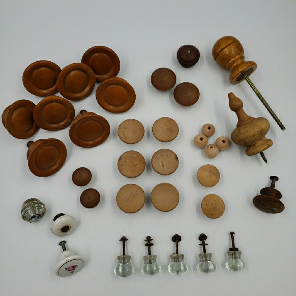 Vintage Lot of 28 Crystal Glass Wood Drawer Cabinet Pulls Knobs Handles Salvage