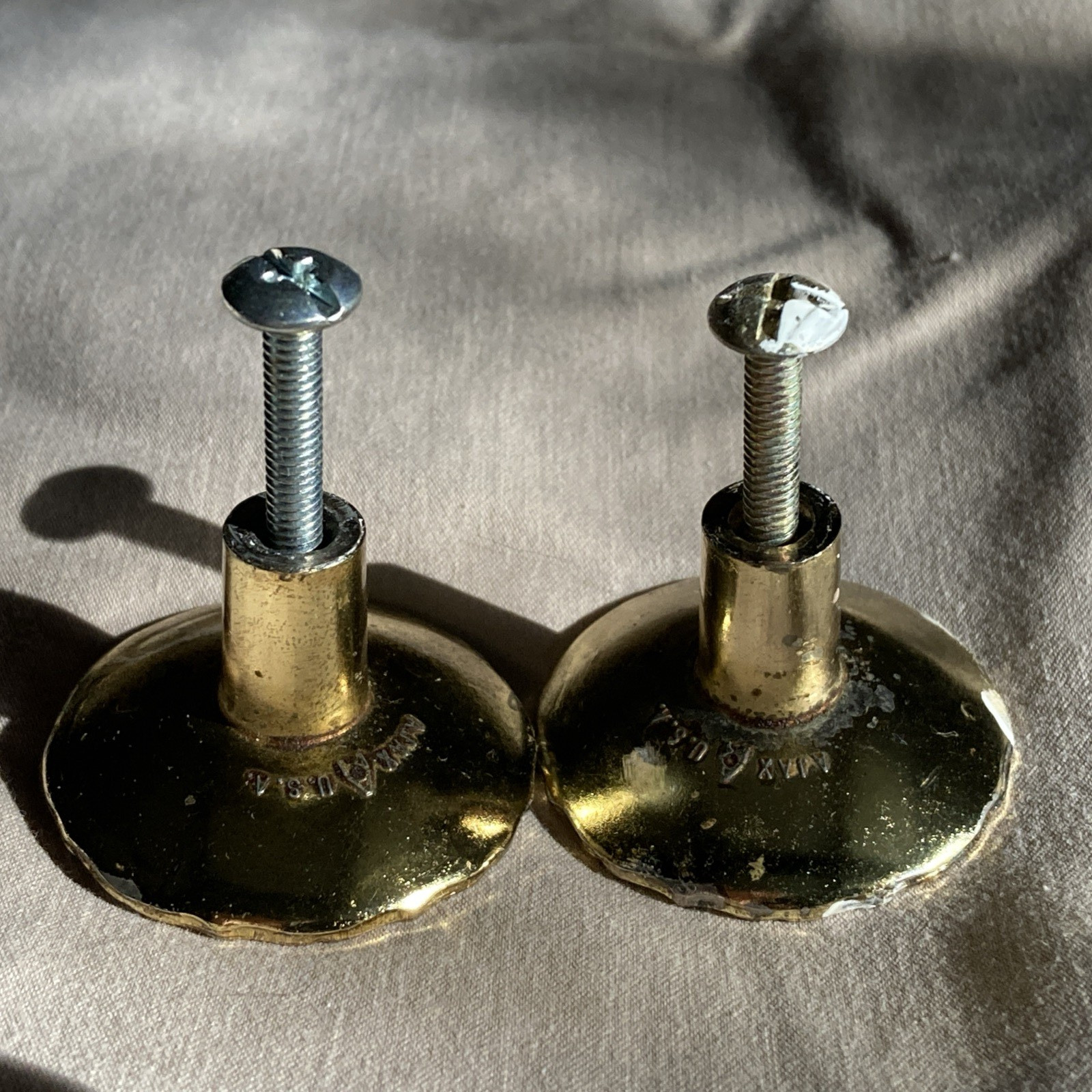 2 Vintage Brass Ajax Drawer Pulls Cabinet Knobs Pearlescent Green Gold Trim