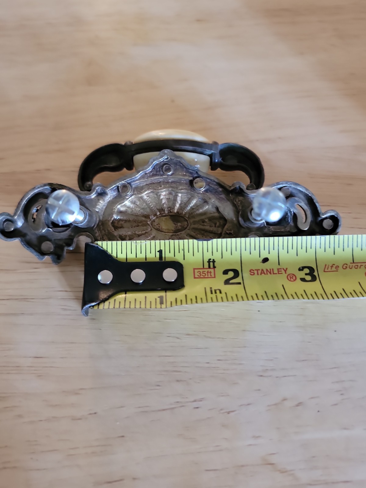 Vintage Brass Hardware Drawer Pulls With Beige Ceramic Center Bead Set Of 8