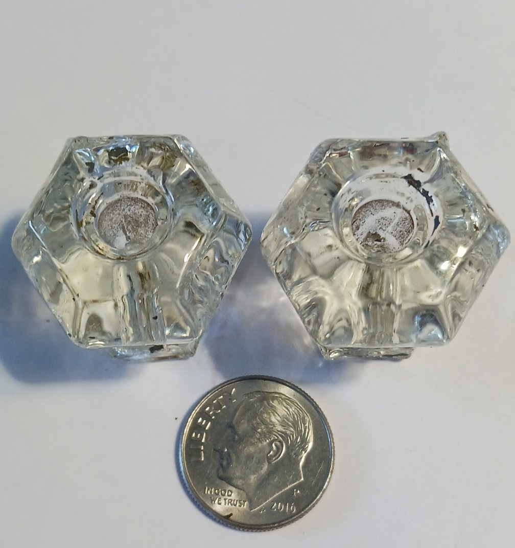 pair Cast Clear GLASS HEXAGRAM Geometric Pulls Drawer Furniture 1″x1″ Vintage