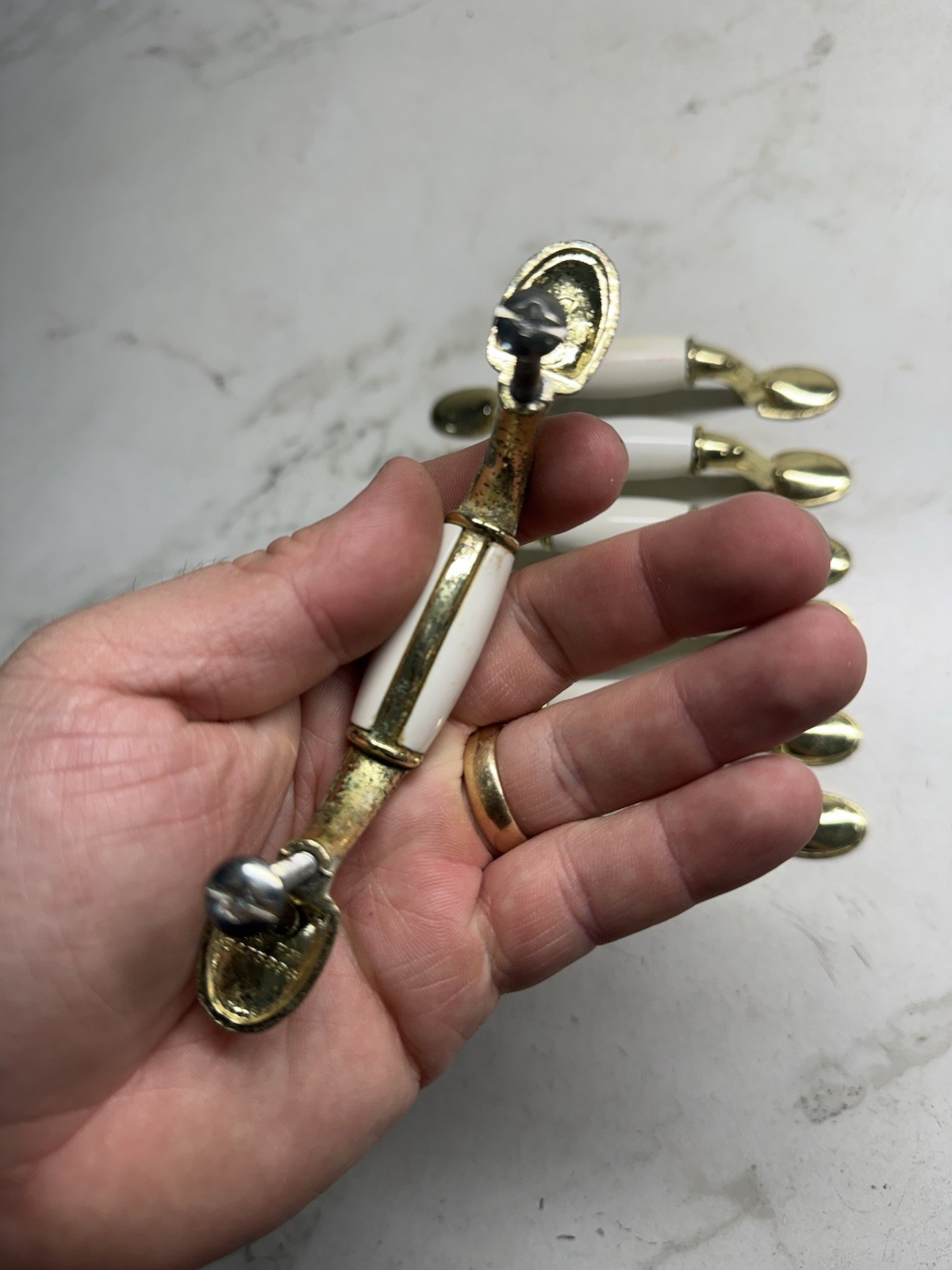 Vintage Drawer Pulls Cabinet Handles Set of 7 Beige Ceramic Center 3”