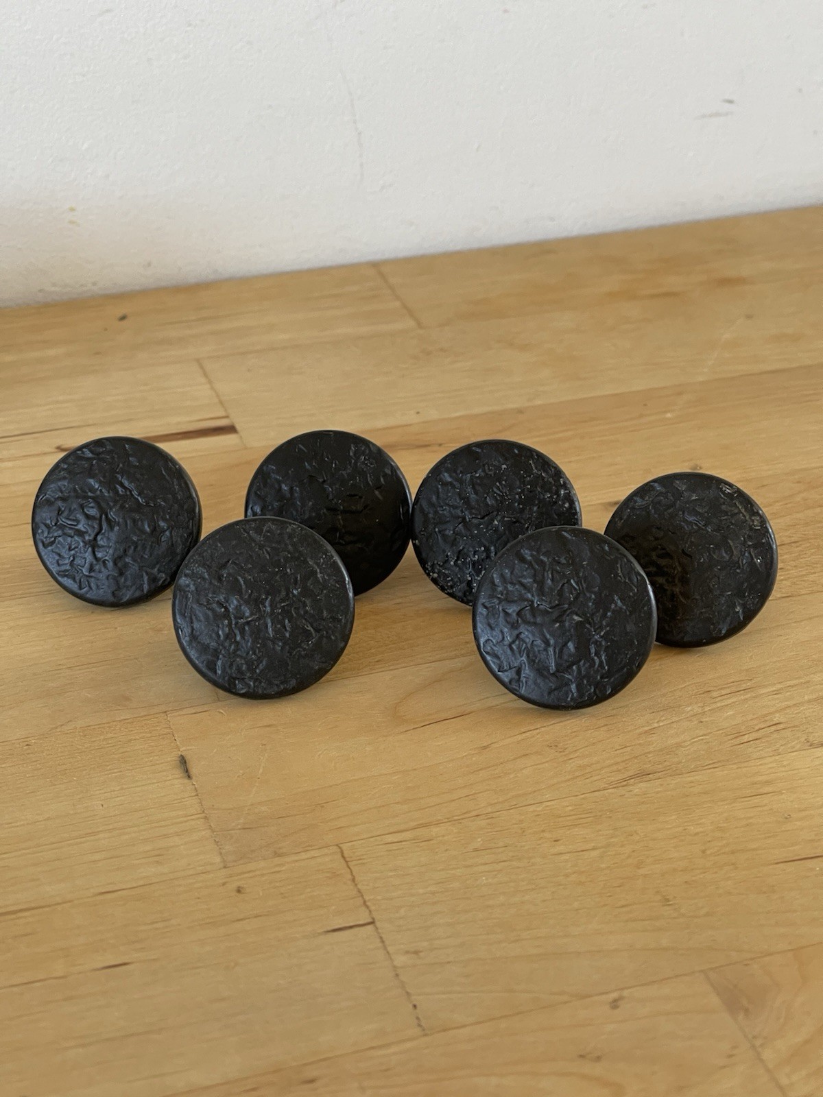 6 Vintage Mid Century Black Knob Drawer Pulls Textured Round 1.25” W/Screws