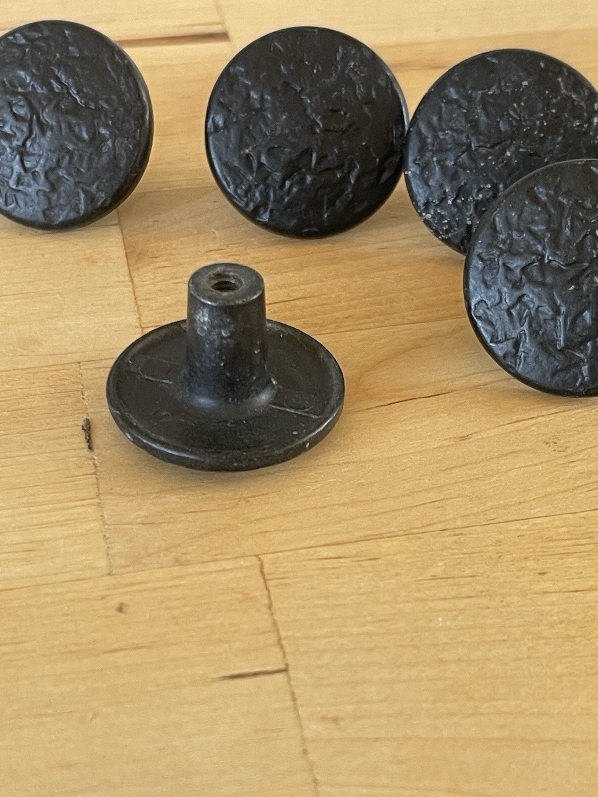 6 Vintage Mid Century Black Knob Drawer Pulls Textured Round 1.25” W/Screws