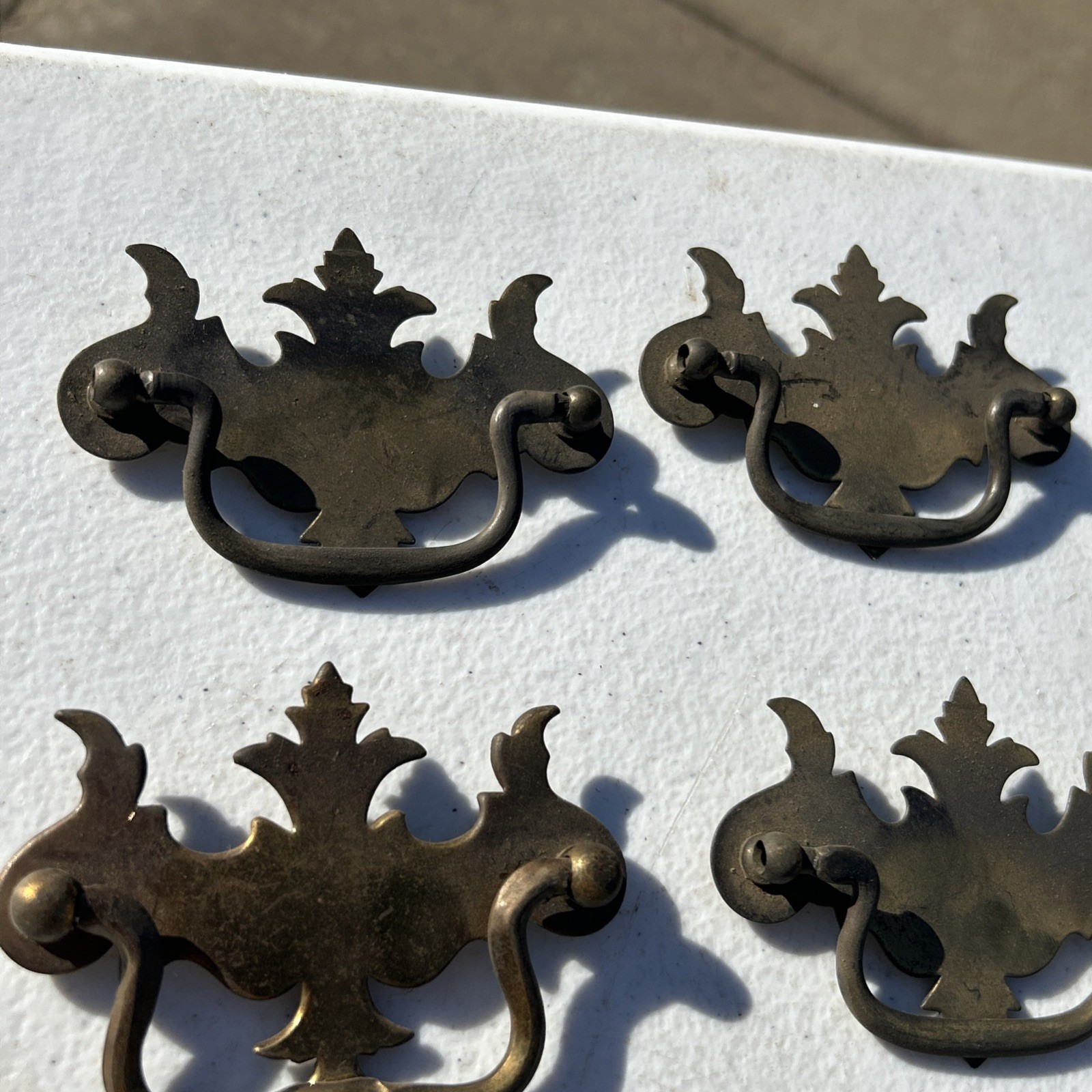 Lot Of 7 Flat Bat Drop Bail Pull Handle Solid Dark Aged Brass 3 3/4” Vintage