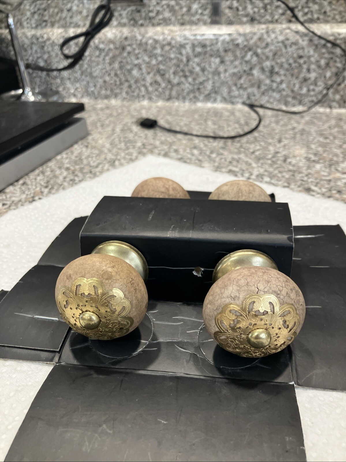 Set of 4 Vintage Fake Cork Porcelain Drawer Knobs With Floral Design brass