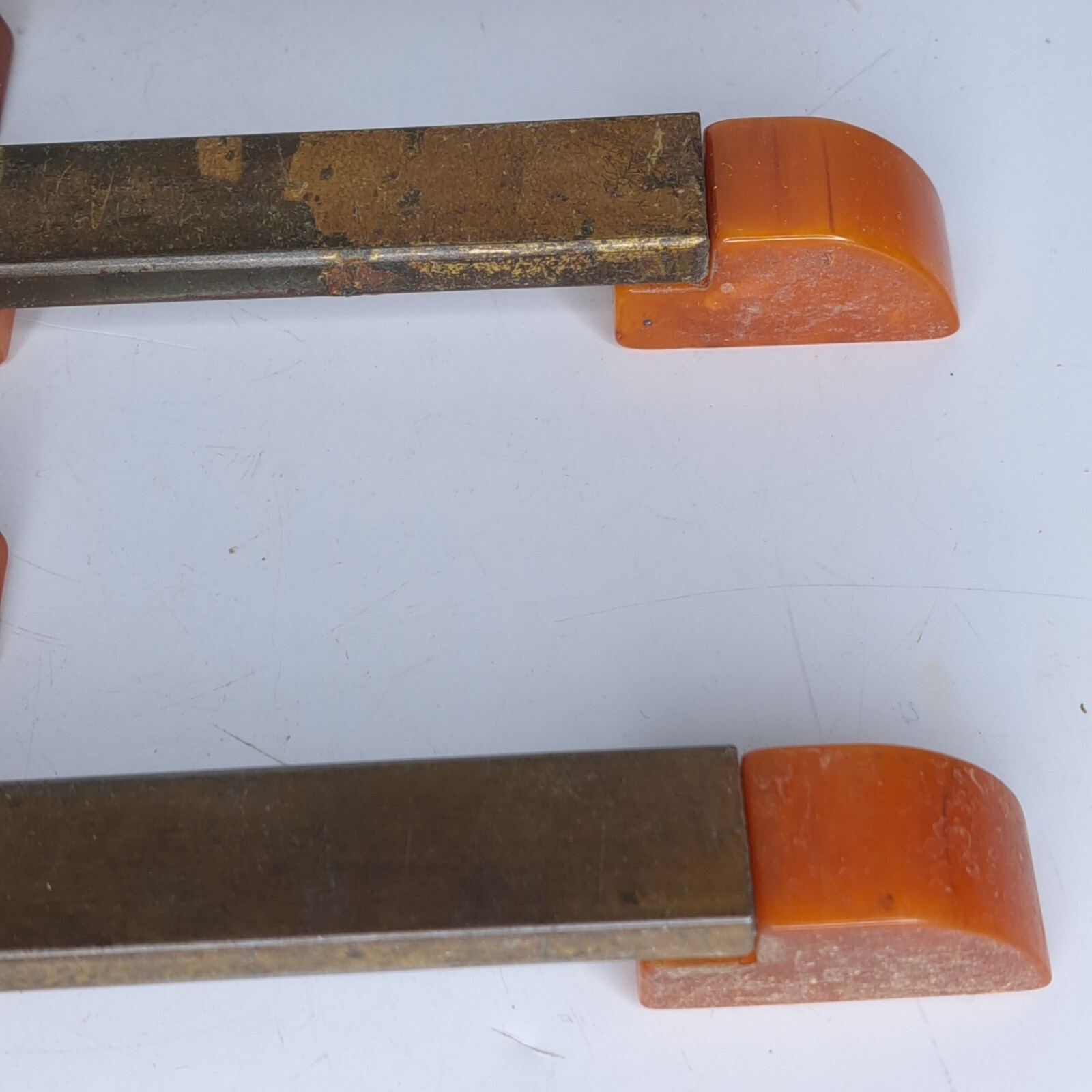 9 Antique ART DECO Butterscotch Bakelite Brass Plated Bar Drawer Pulls Reclaimed