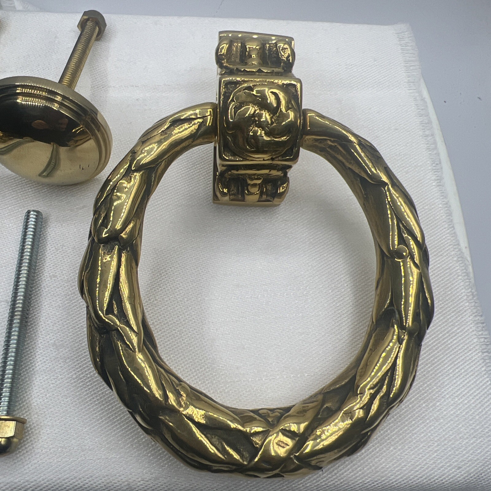 Brass French Victorian Knocker Drop Ring 4” Diameter Drawer pull Knob Set Of 2
