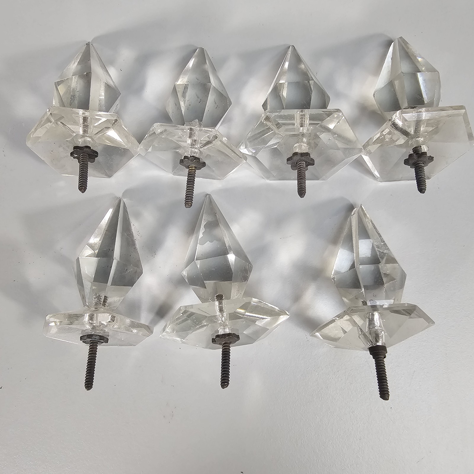 Drawer Pull Knobs Faceted Acrylic Set of 7 Clear Diamond Point Style Vintage