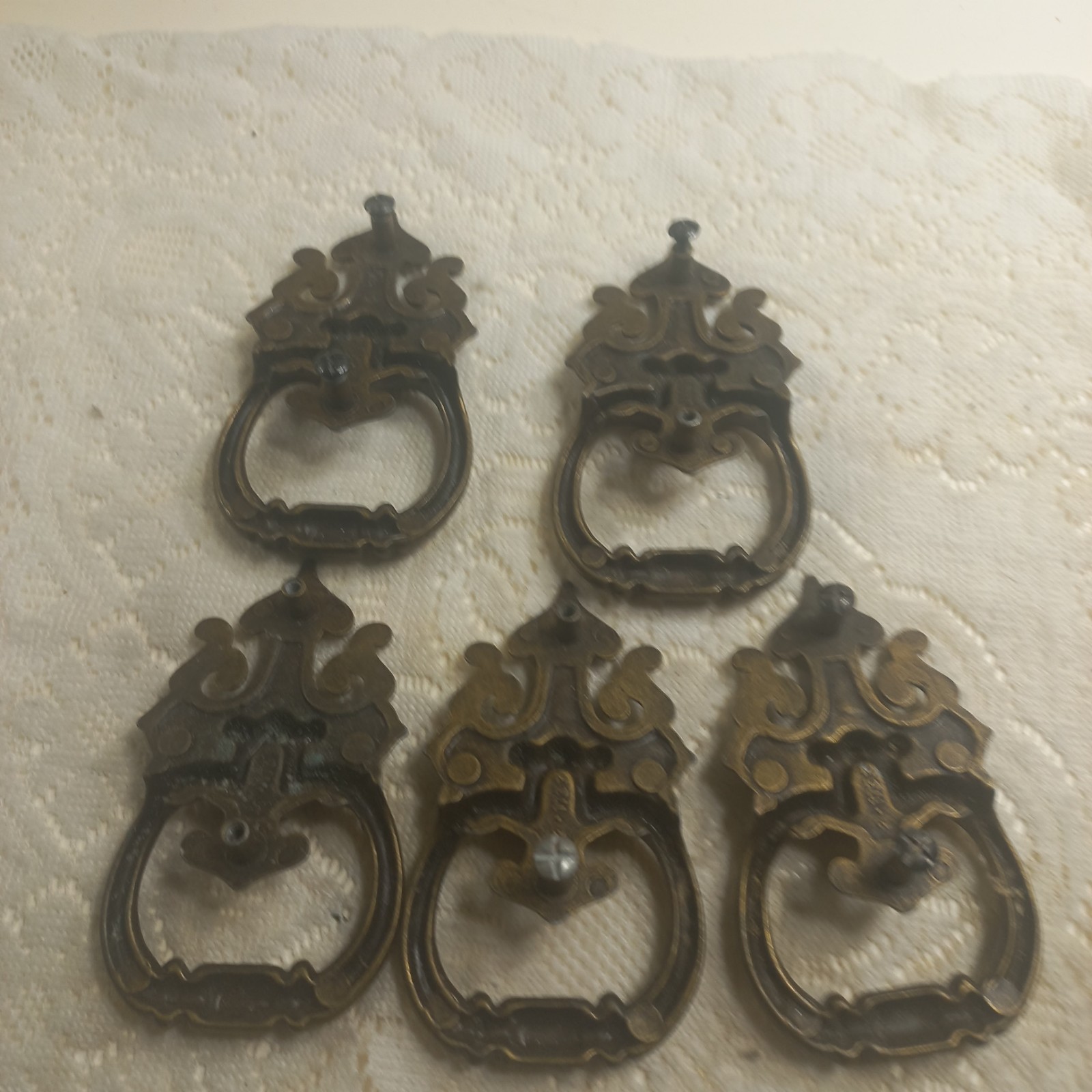 5 National Lock Co Spade Tip Colonial Drop Ring Bail Drawer Pulls 4.5″ Vintage