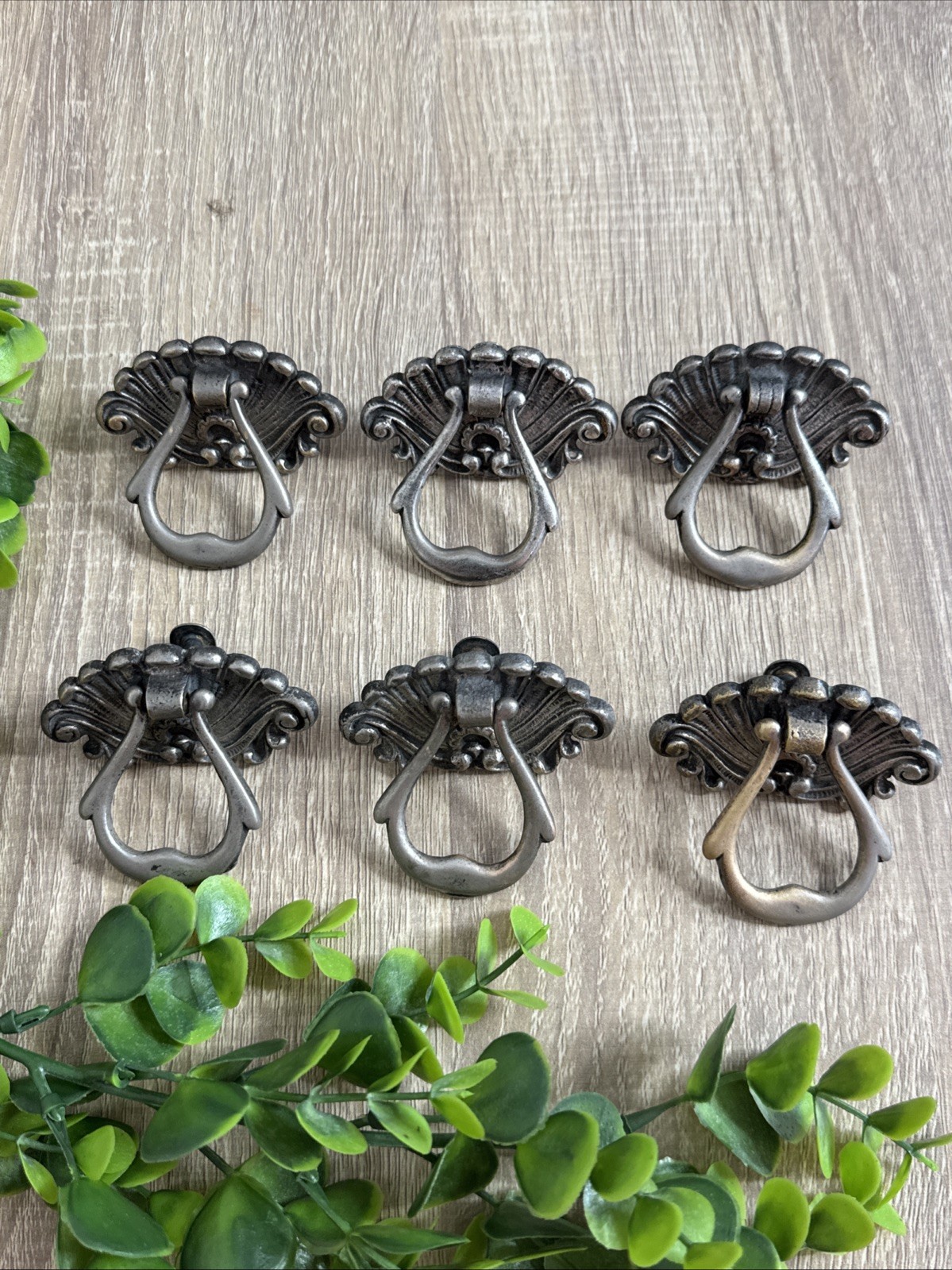 (6) Nickel / Brass Antique Hardware Drawer Pull Victorian Brass Drop Ring Set