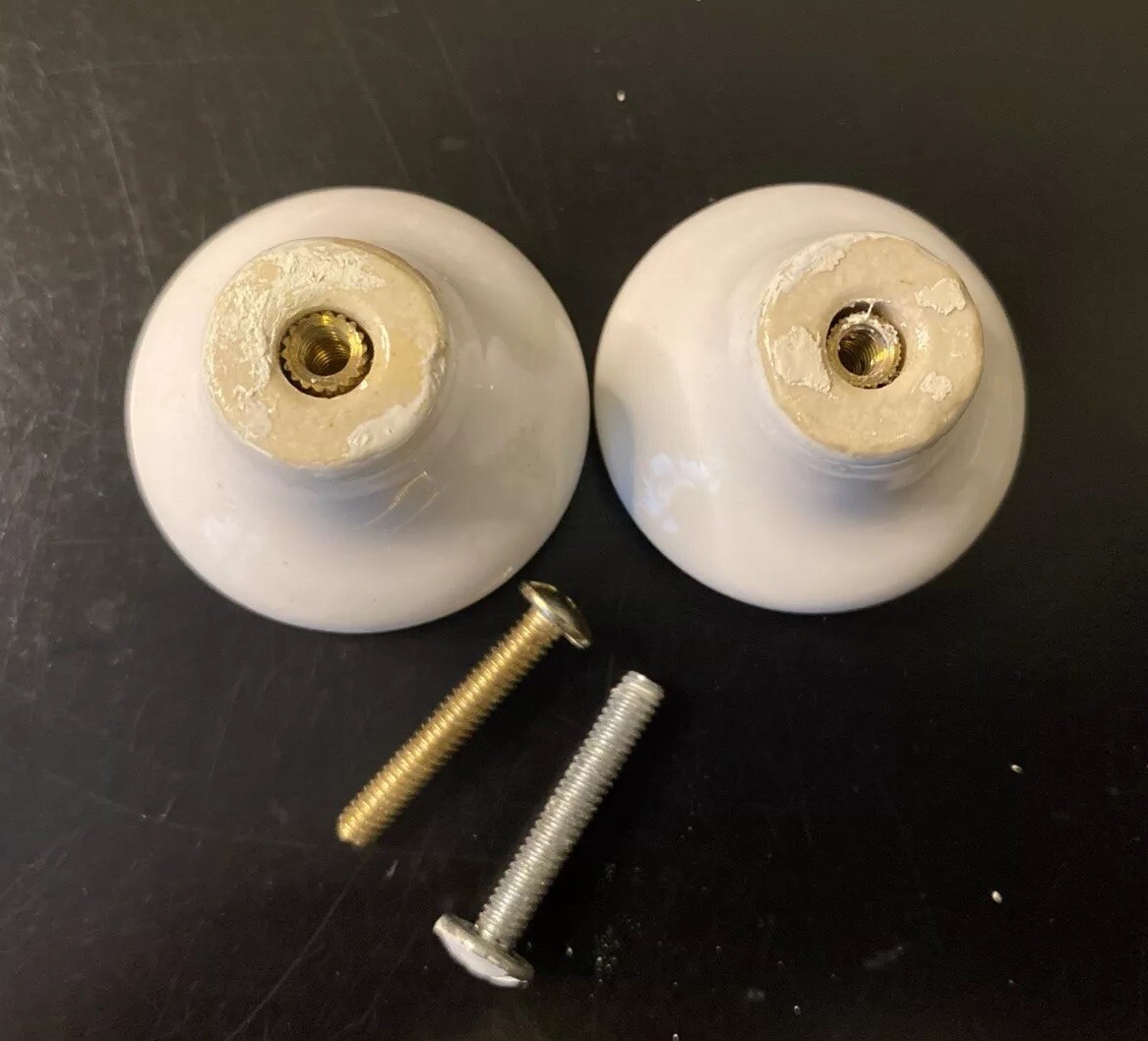 Pair VTG Round White Porcelain Hand Painted Rose Floral Drawer Knobs With Bolts