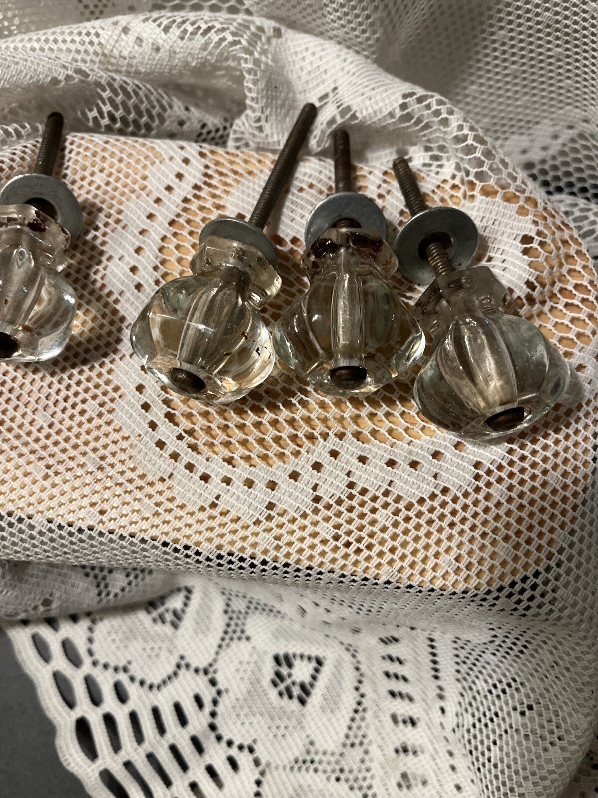 5 Vintage Antique Clear Glass Hexagon Dresser Drawer Cabinet Pulls Knob 1 1/2″