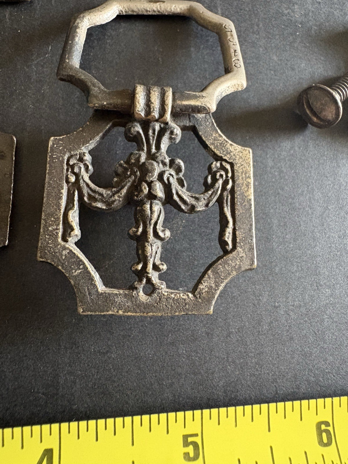 4 antique hardware drop ring drawer pull Set # 3455 Rococo Inspired Hexagonal