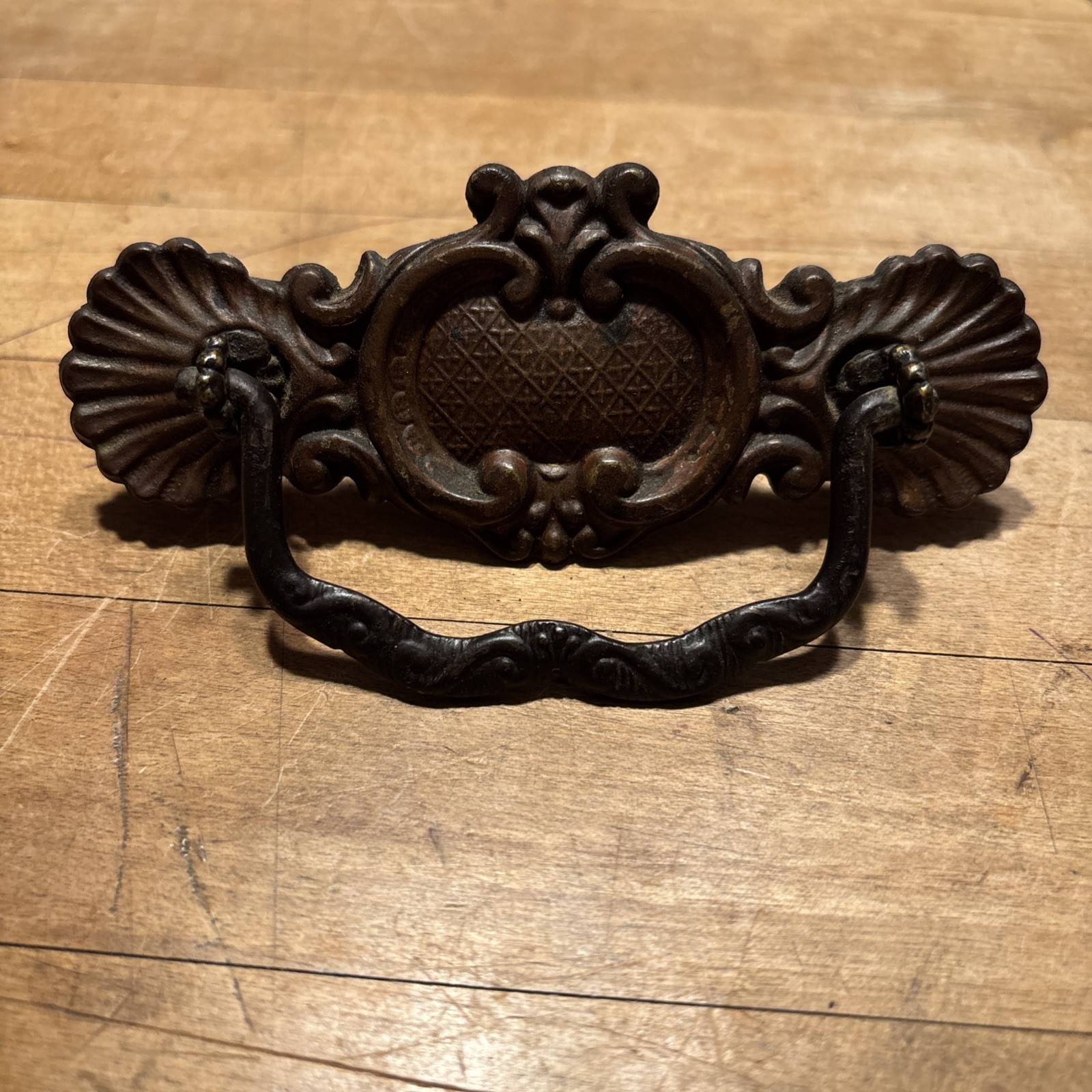 ANTIQUE Pair Of Brass Pressed Drawer Pulls Iron Bail 3” On Center