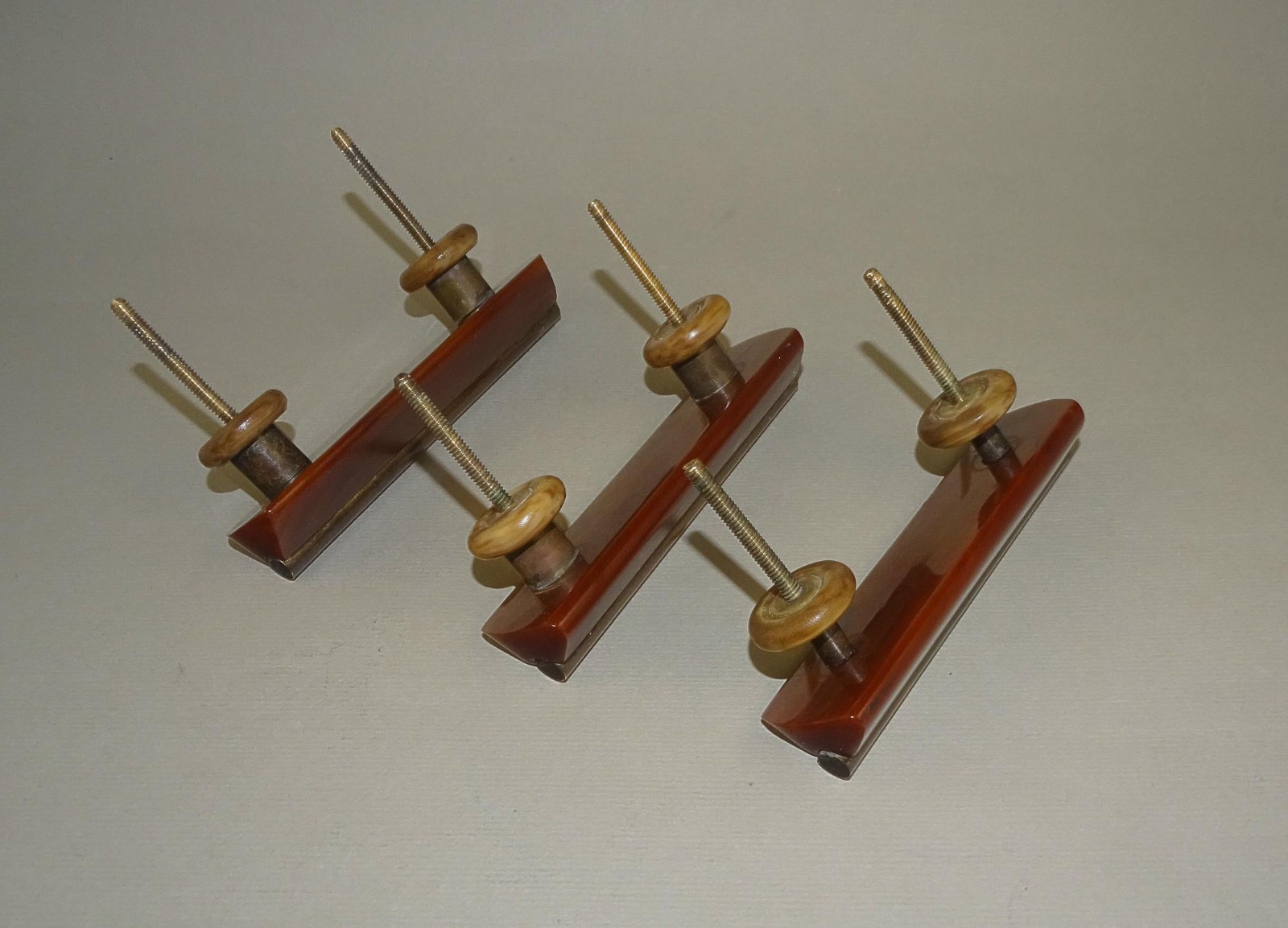 3 Old Vintage Art Deco Bakelite Marbled Brown Drawer Pulls Cabinet Handles