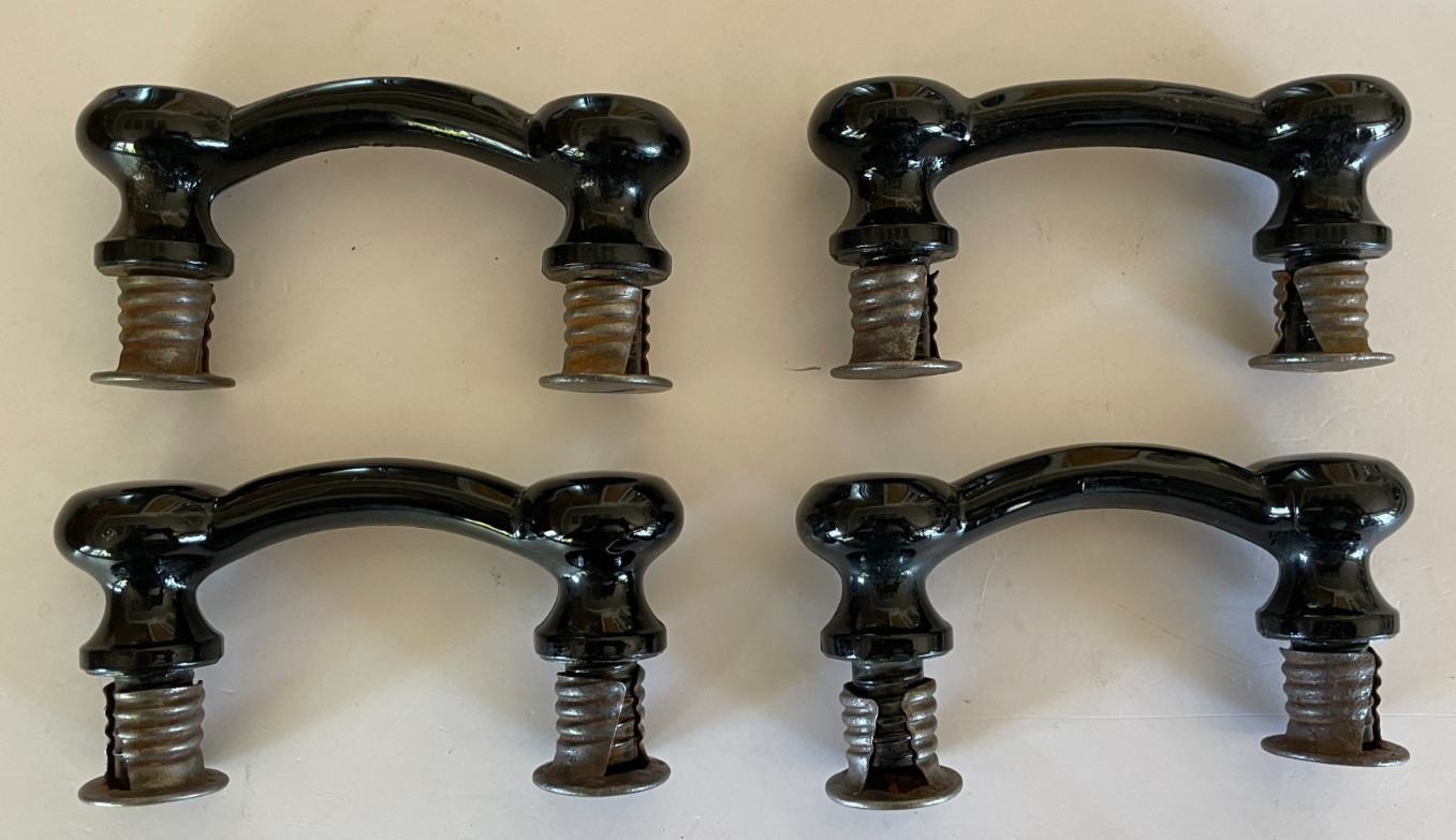 4 Edwardian Eastlake Black Milk Glass Cabinet Pulls w/ Threaded Backs 1920-30s