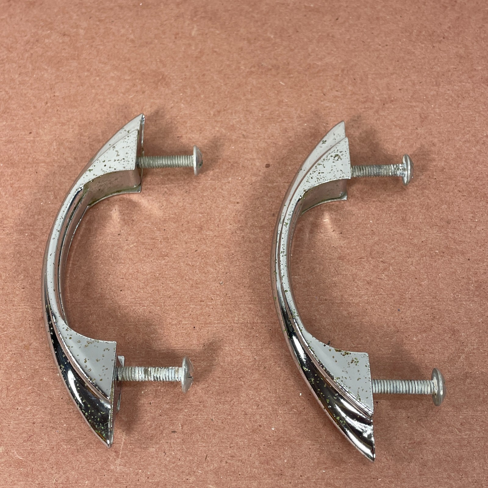2 Vintage Chrome Plated Cabinet Pulls ( Similar to Youngstown & Amerock E311 )