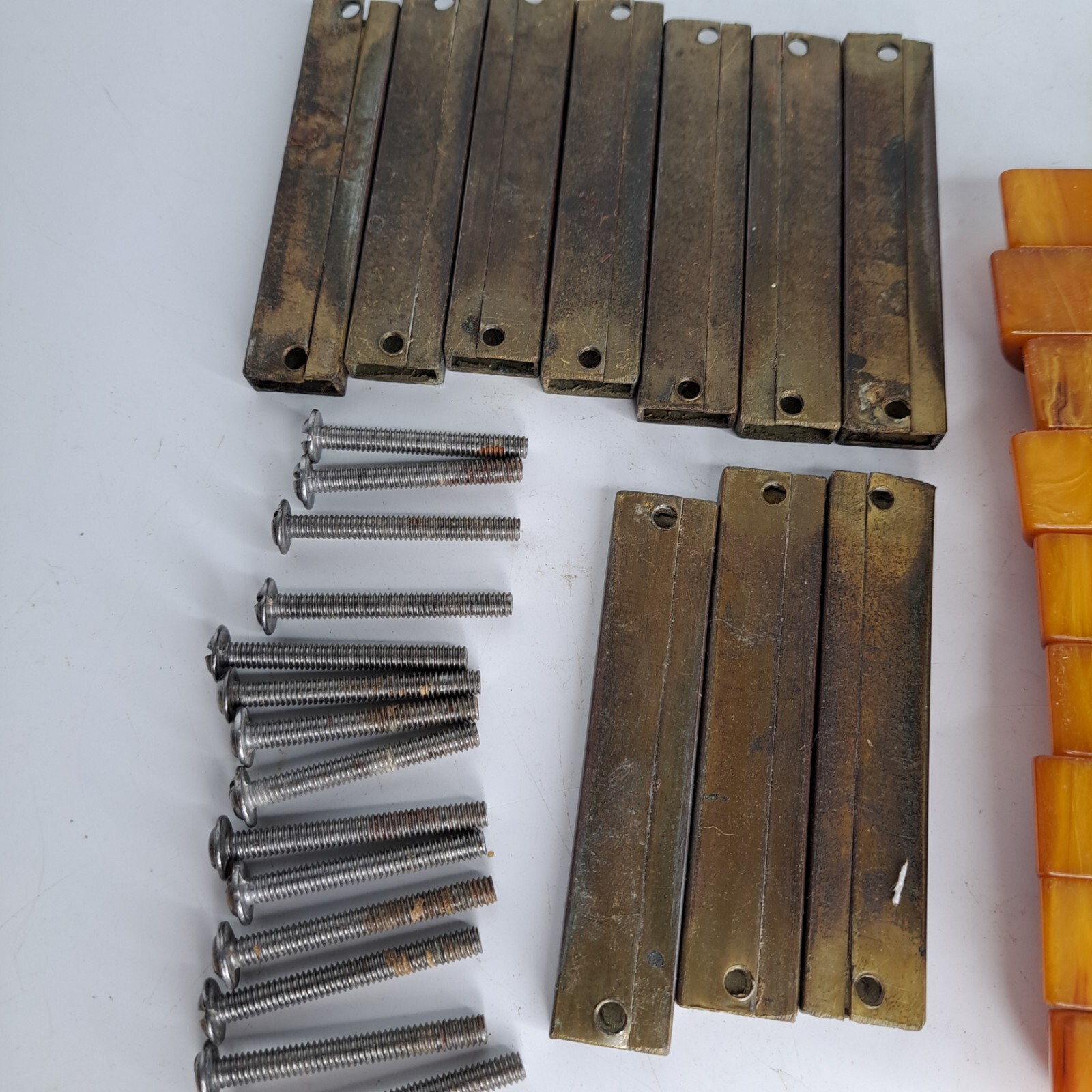 9 Antique ART DECO Butterscotch Bakelite Brass Plated Bar Drawer Pulls Reclaimed