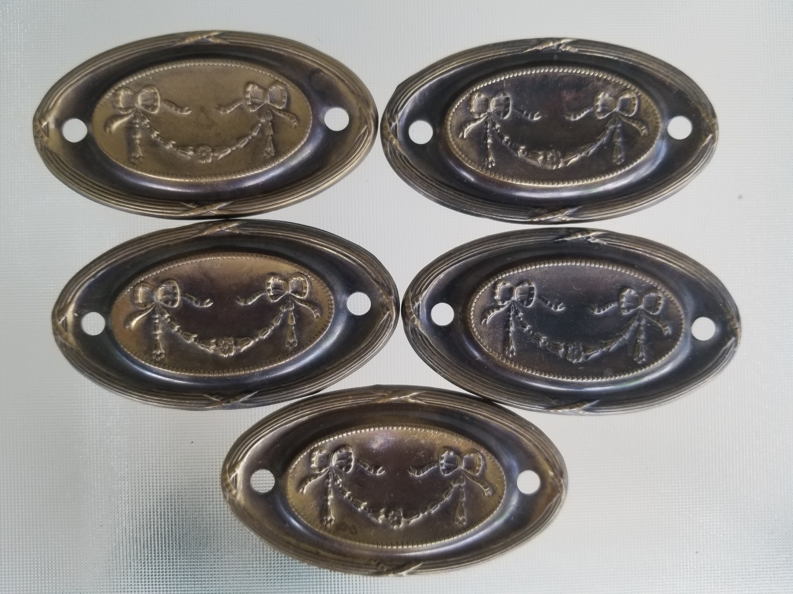 4 French Ribbon Back Plates Drawer Pulls Handles Reclaimed Furniture Hardware