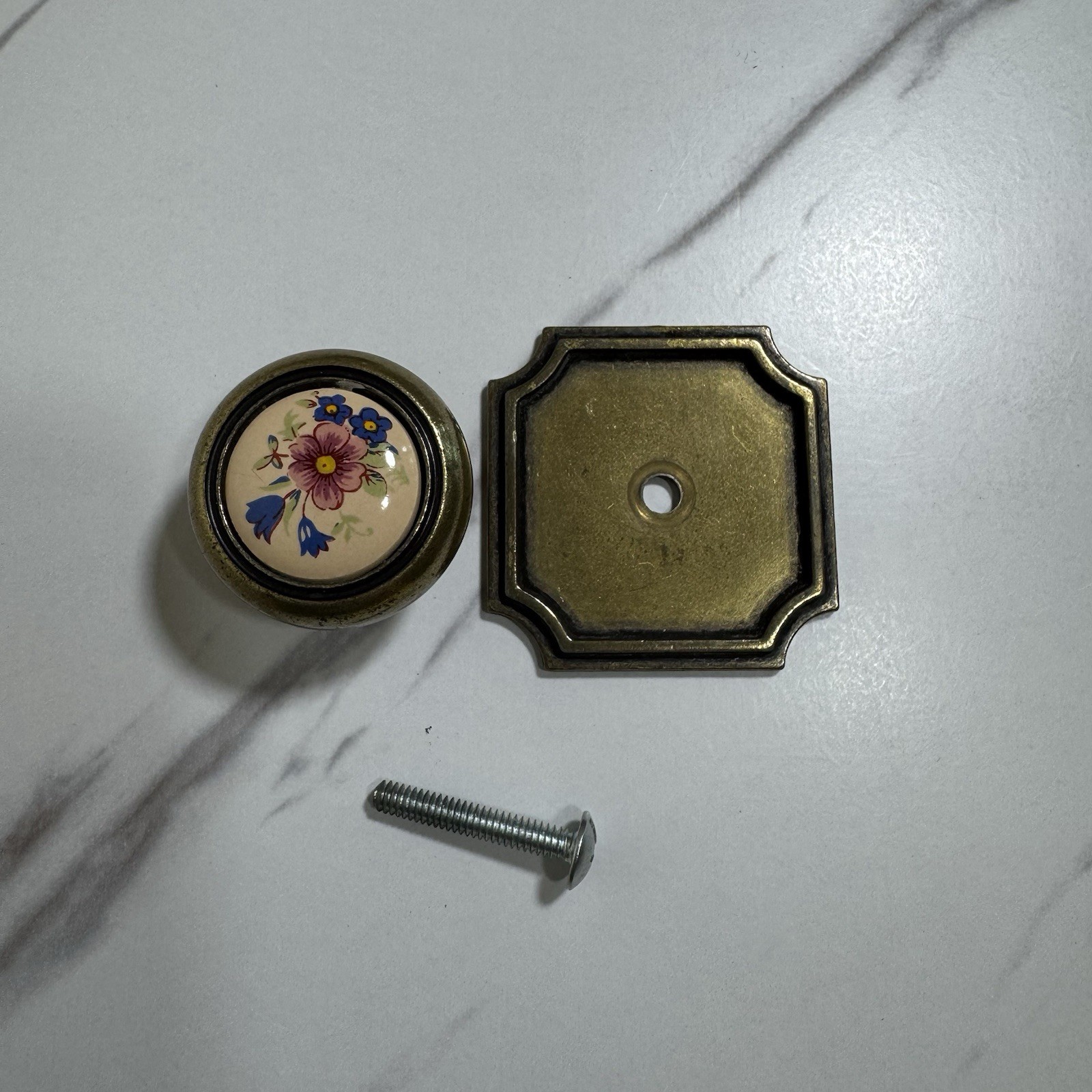 Amerock Brass & Porcelain Pink Blue Floral Pull Drawer Cabinet Knob-lot of 4