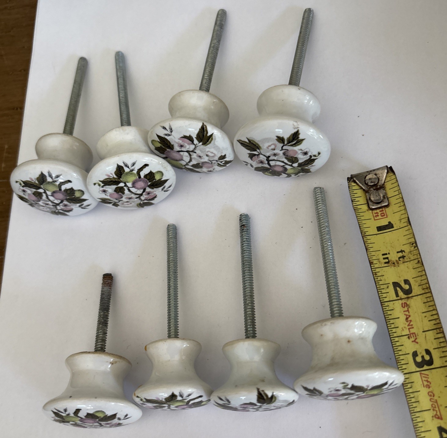 Vtg Porcelain Pulls/Knobs, White Painted Cherry Blossom Floral Design~Lot of 8