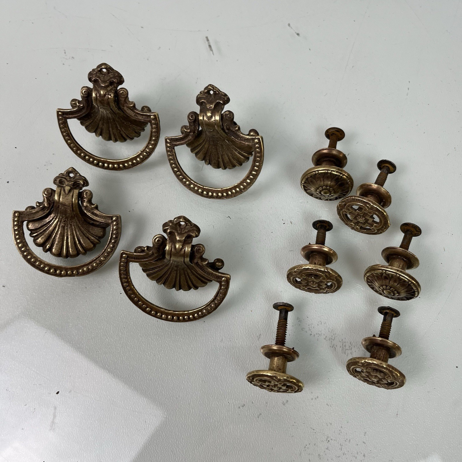 Vintage Victorian Art Nouveau Aged Brass Drawer Drop Pull Shell w/ Knobs LOT