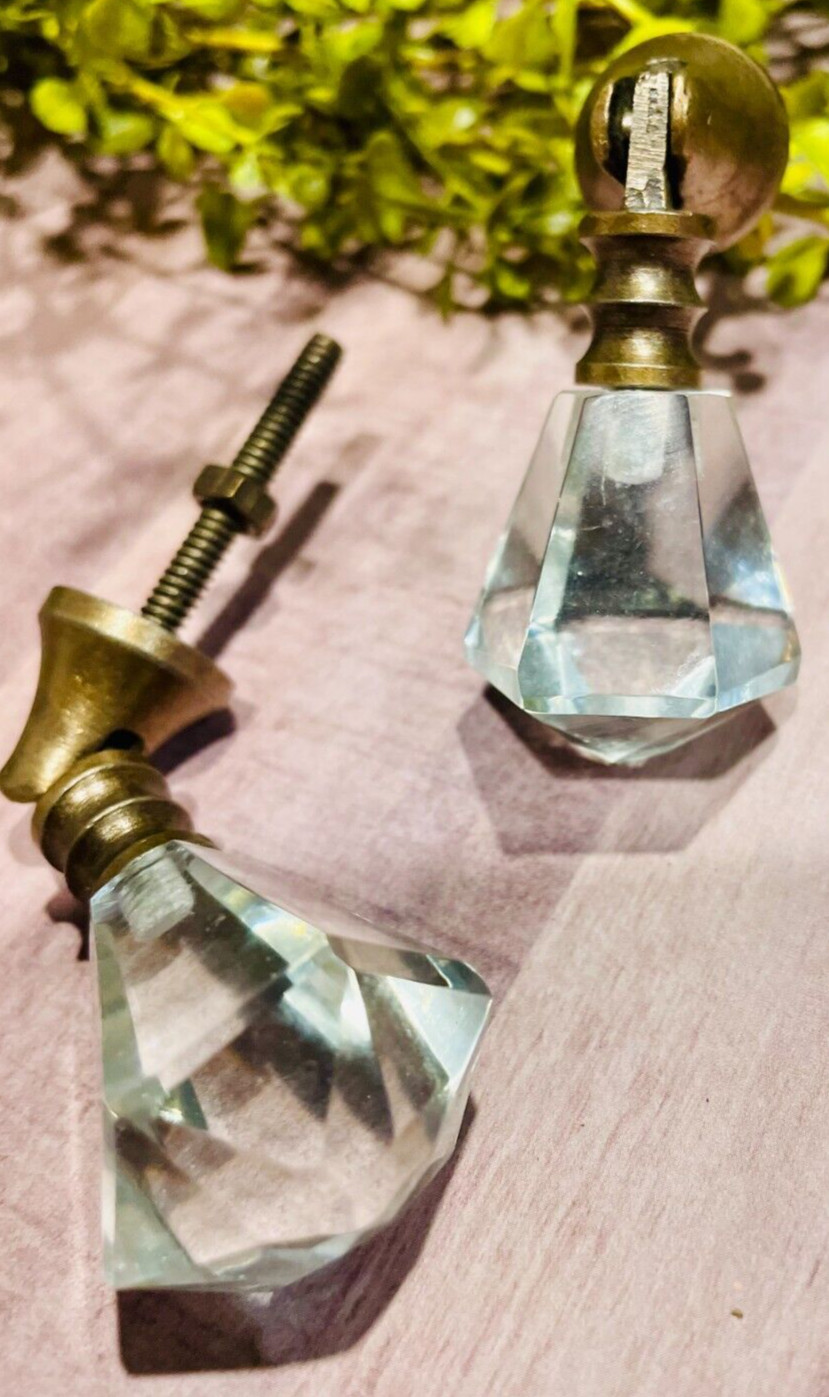 2 Vintage Hinge Tear Drop Clear Glass Furniture Hardware Door Drawer Knobs Pulls