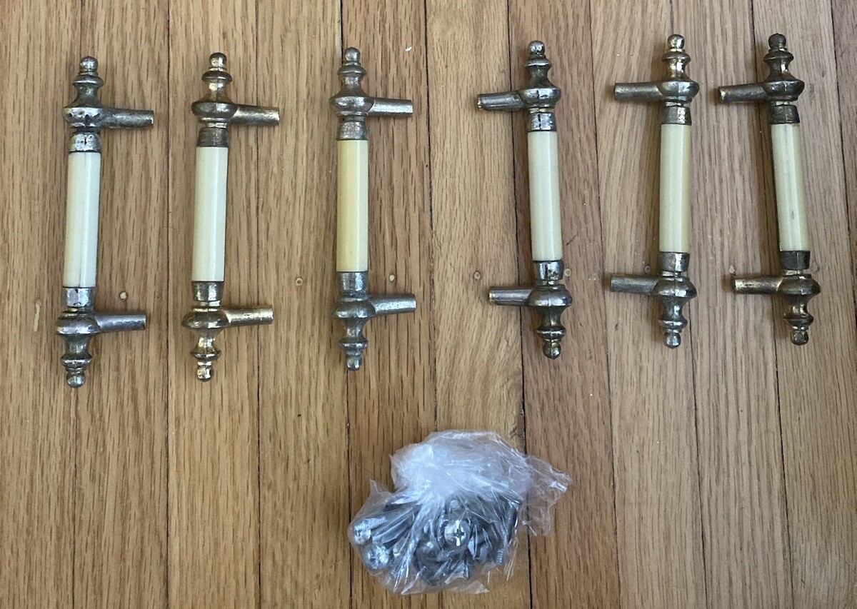 6 Matching Vintage ivory Bakelite & Solid Brass Drawer Handles ~ Pulls