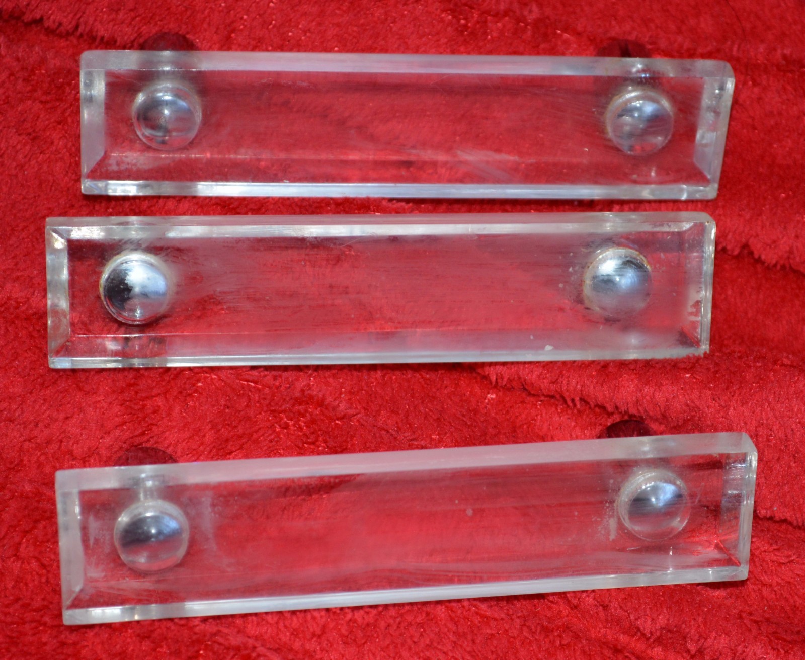 Set of 3 Lucite Drawer Pulls 4.75″ long rectangular knobs Lot