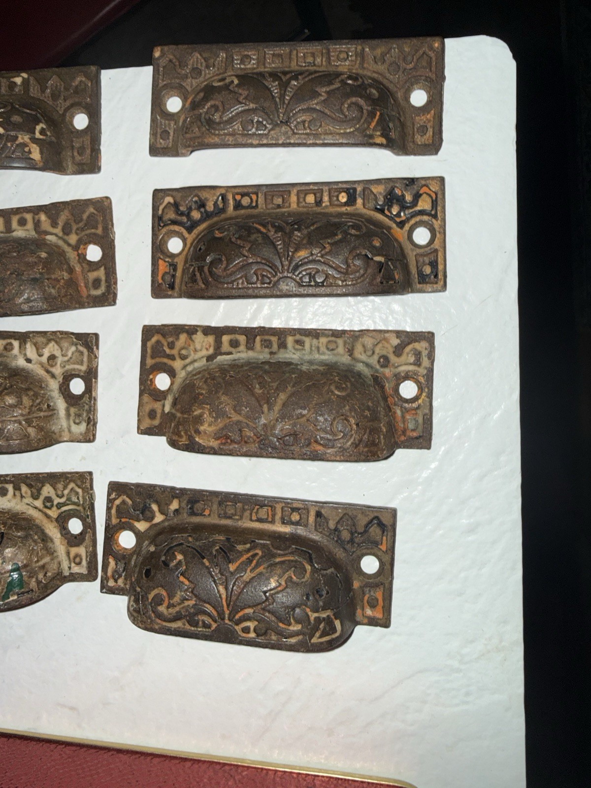 8 vintage VICTORIAN Art NOUVEAU cast IRON Eastlake CABINET drawer PULLS handles