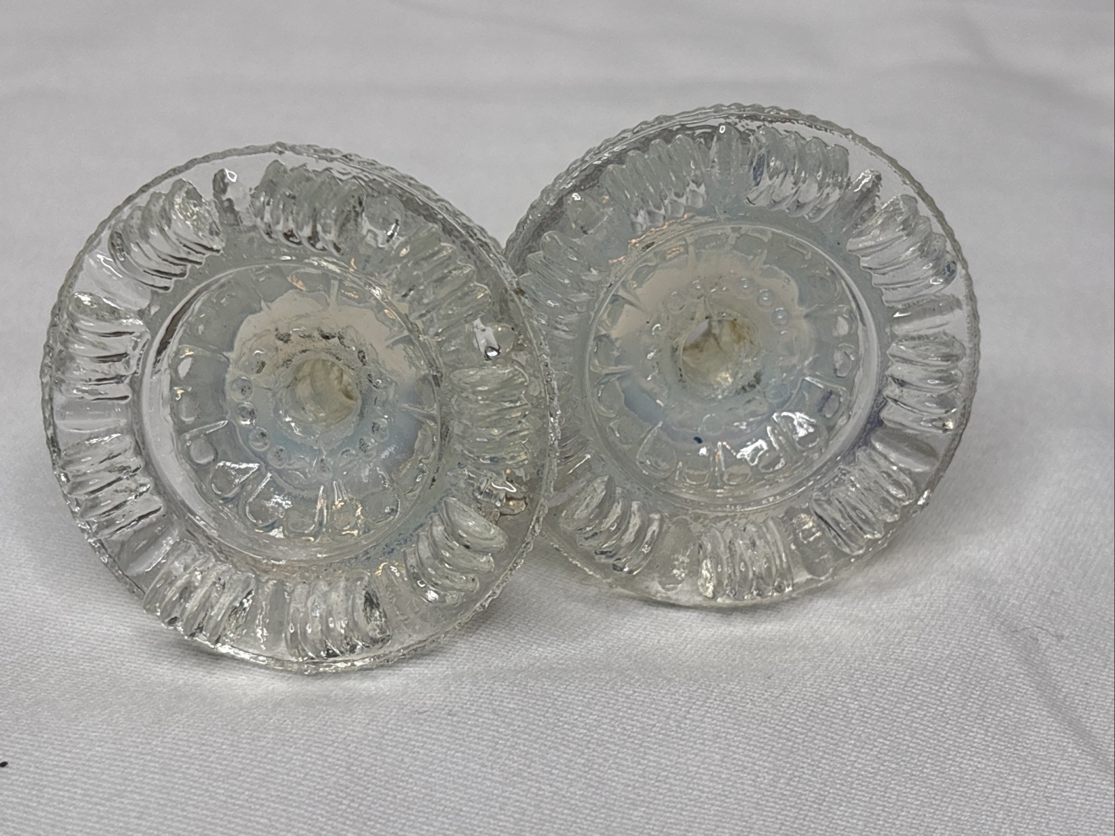 2 Antique Boston Sandwich Glass Floral Clam Broth Drawer Pulls 2” Iridescent