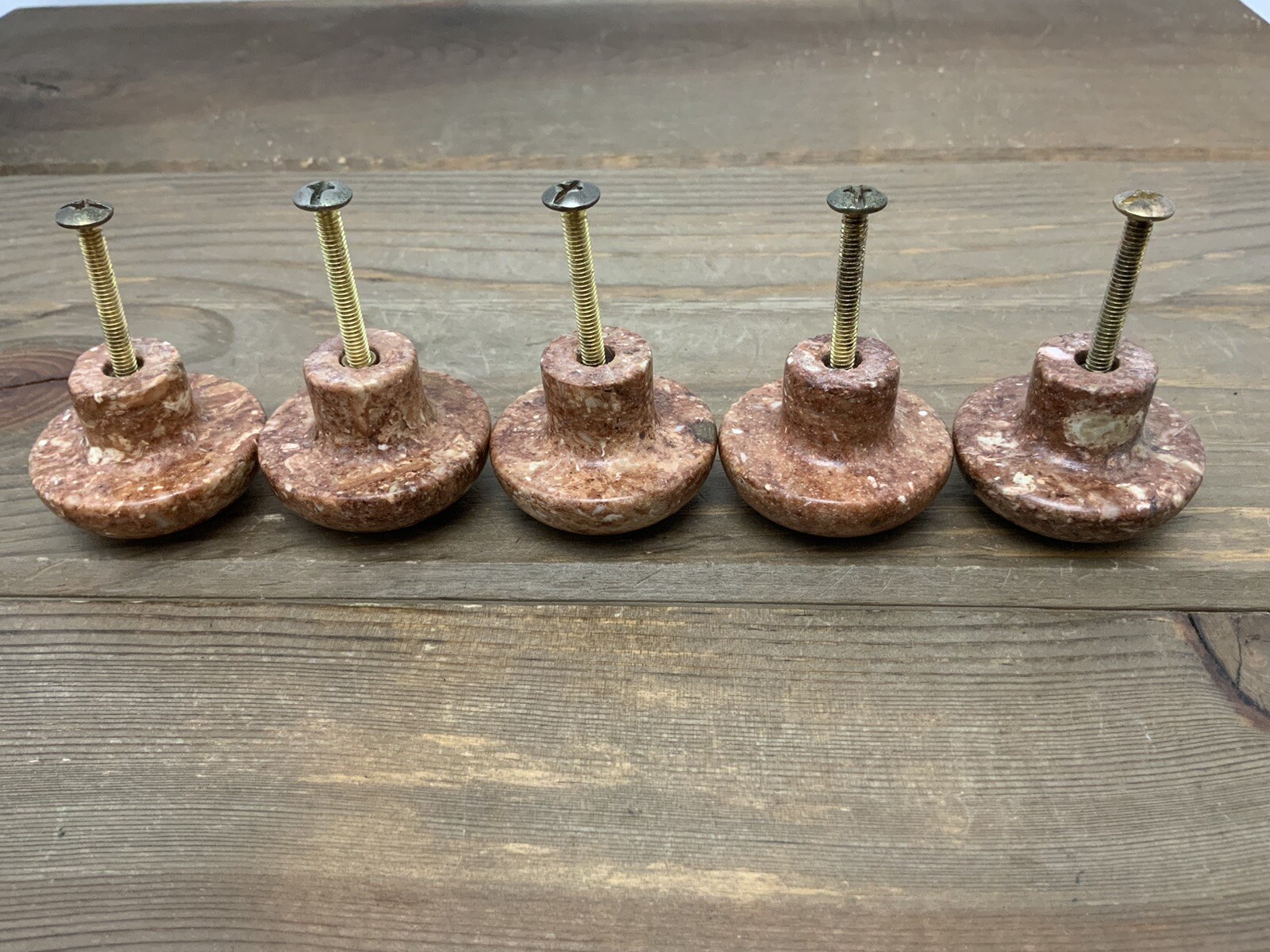(5) Mushroom Shaped Red Marble Knobs Pulls with Screws Beautiful, Excellent
