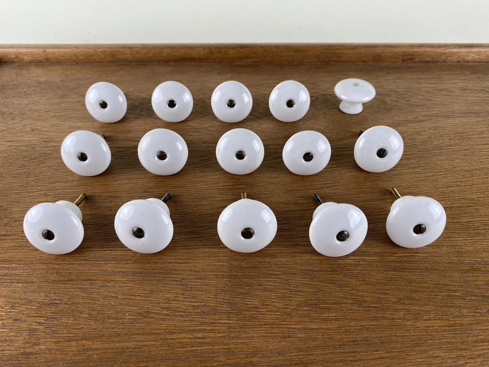 Vintage White Porcelain Mushroom Knobs Drawer Pulls w Brass Hardware Lot of 14+