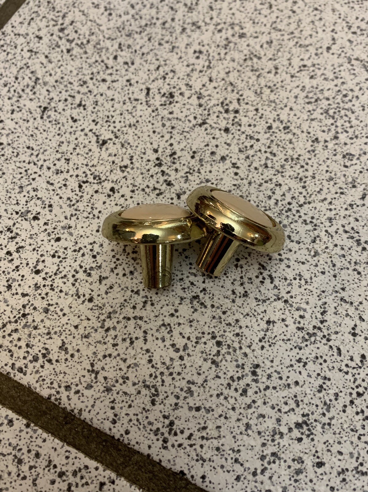 2 Knobs Beige Ceramic Brass Round Pulls Cabinet Drawer Heavy Mid Century Vintage