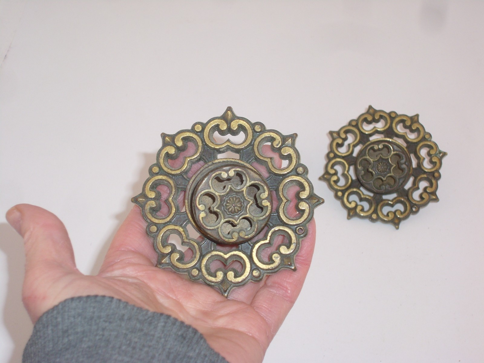 Pair of Vintage Antique Gold Amerock Cabinet Drawer Pulls, Back Plate & Knob