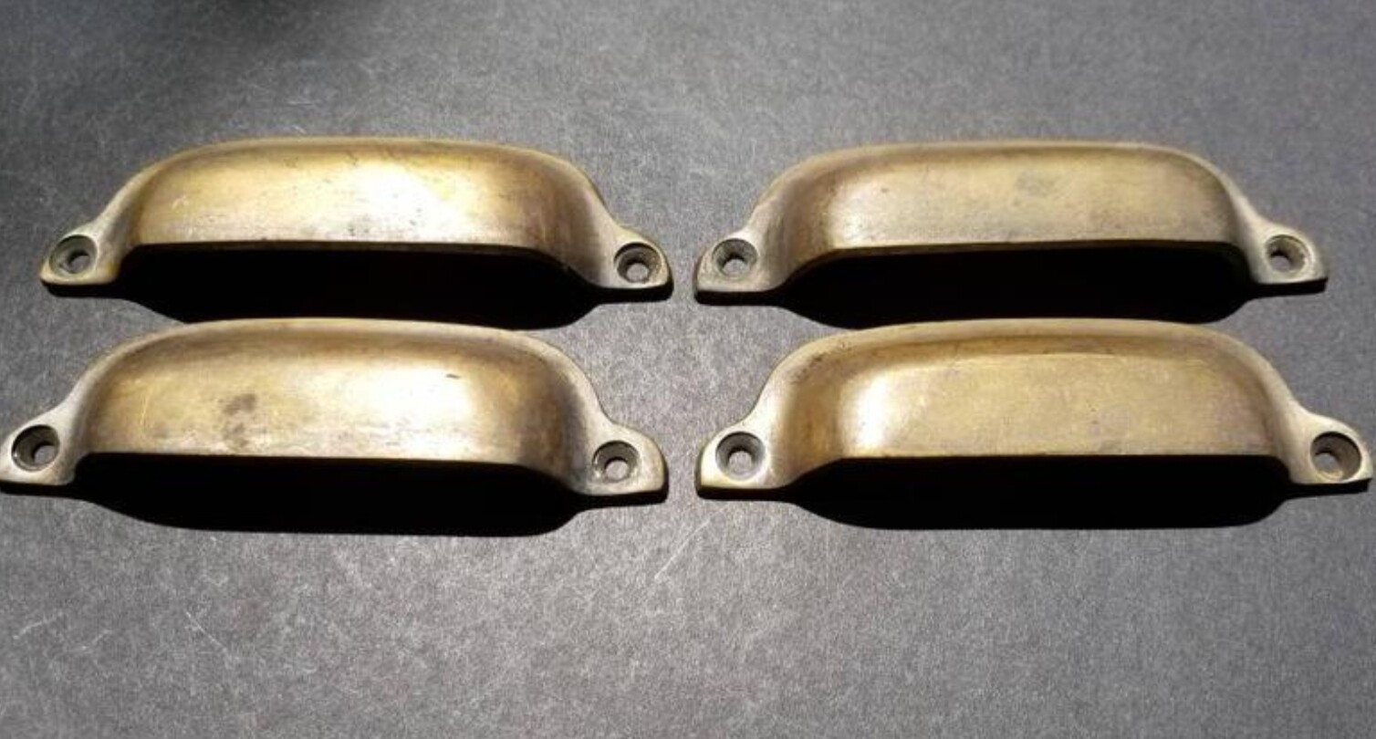 4 Ant Style Solid Brass Apothecary Cup Drawer Bin Pull Handles 3-3/8″ cntrs #A19