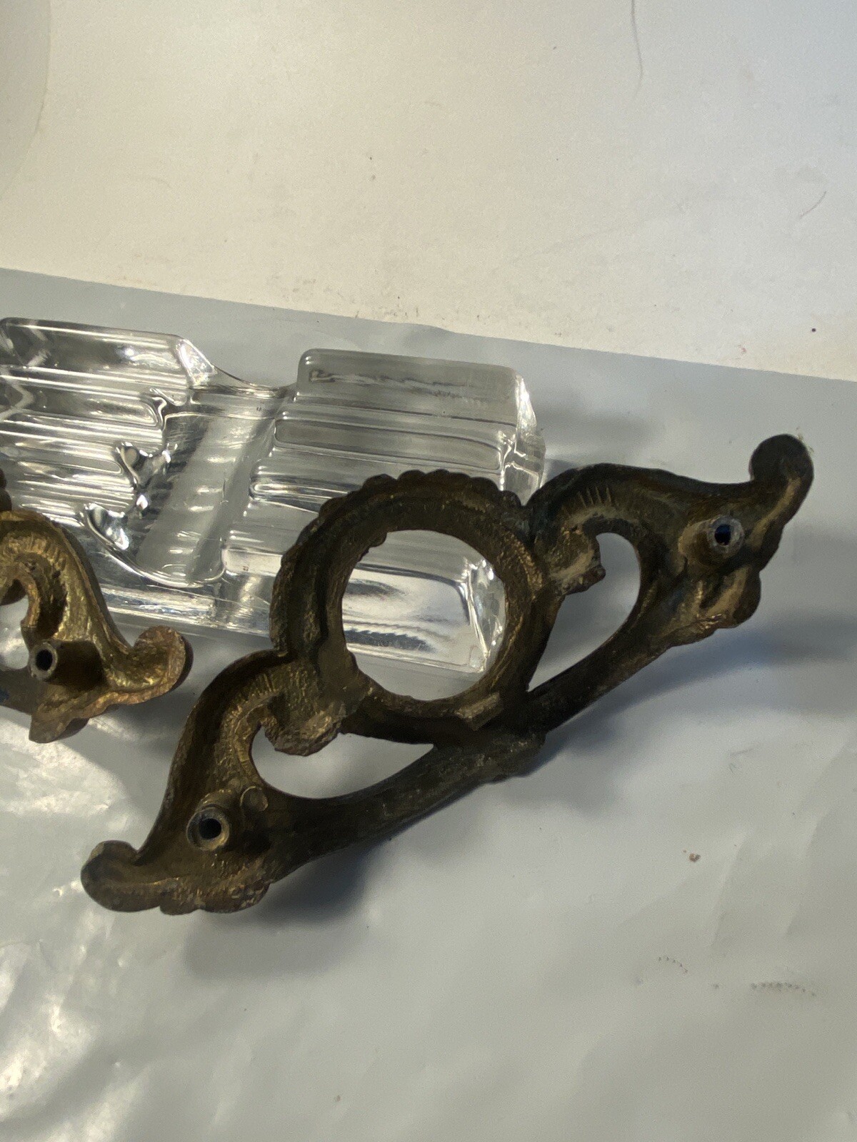 Antique Pair French Provincial Handles Solid Brass 6” Wide 4” Between Screw