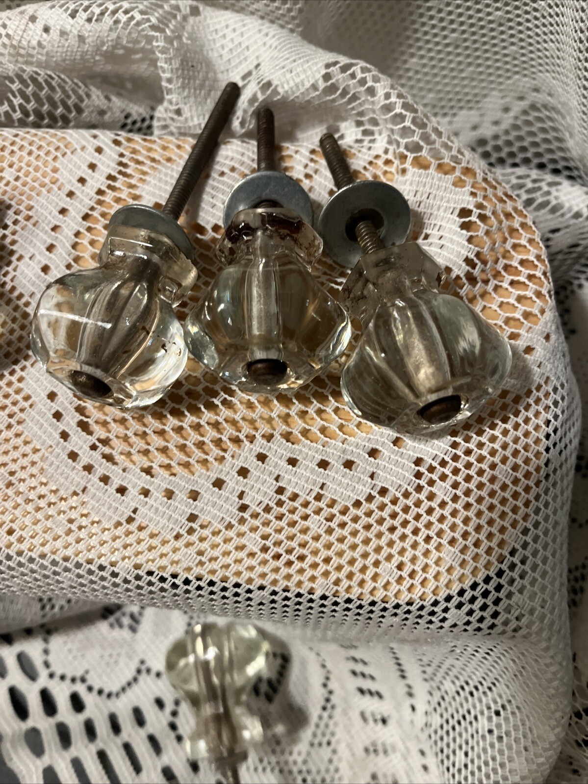 5 Vintage Antique Clear Glass Hexagon Dresser Drawer Cabinet Pulls Knob 1 1/2″