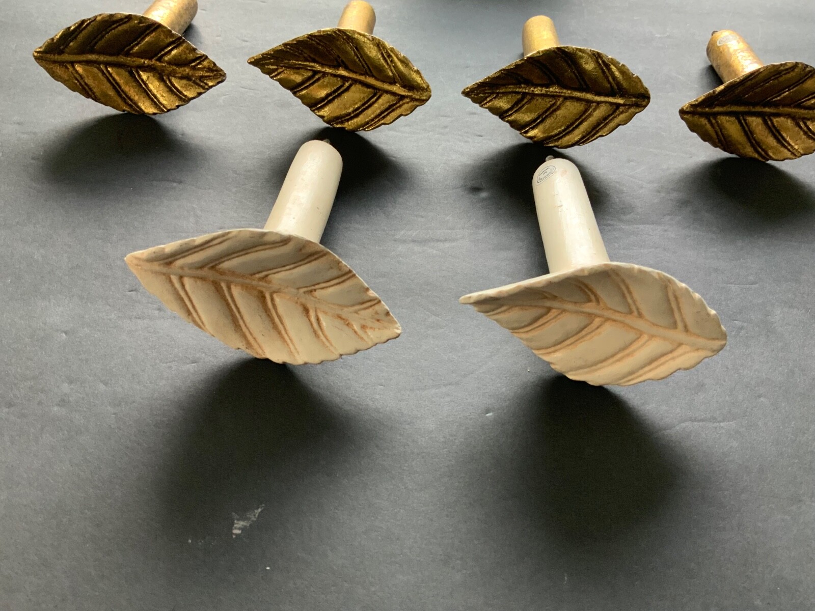 Set of Antique Painted Bin Dresser Drawer Pulls lot of 6 (4 gold 2 white)