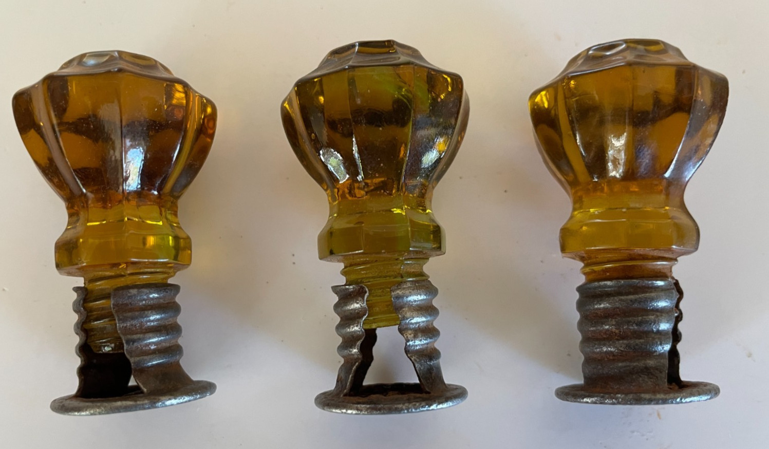 ONE Antique Amber Glass Faceted Knob Pull w/ Threaded Post and Screw Original