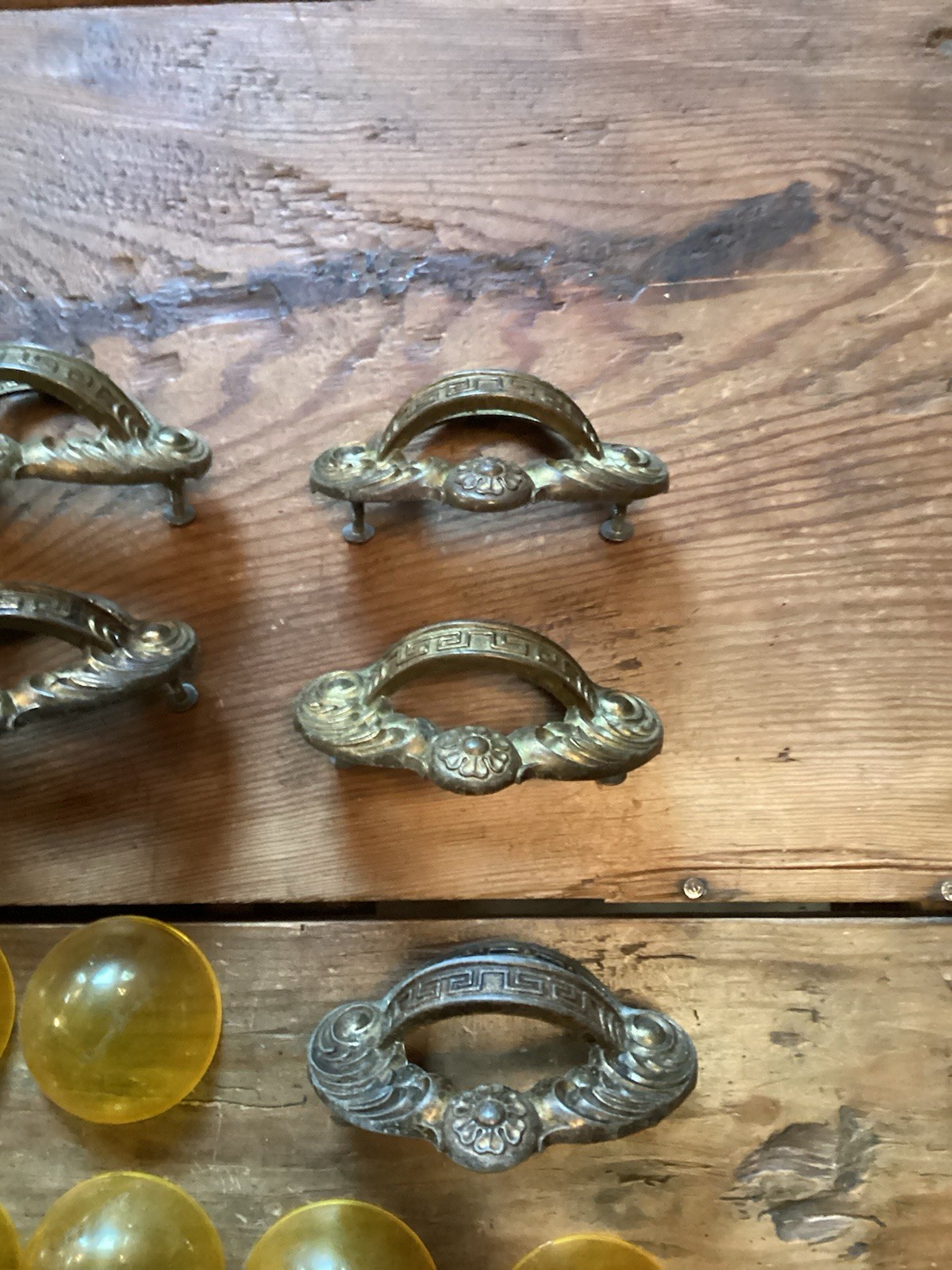 Art Nouveau Style Finger Cup Pulls Gold Bakelite?- Set of 8 – 3″ centers