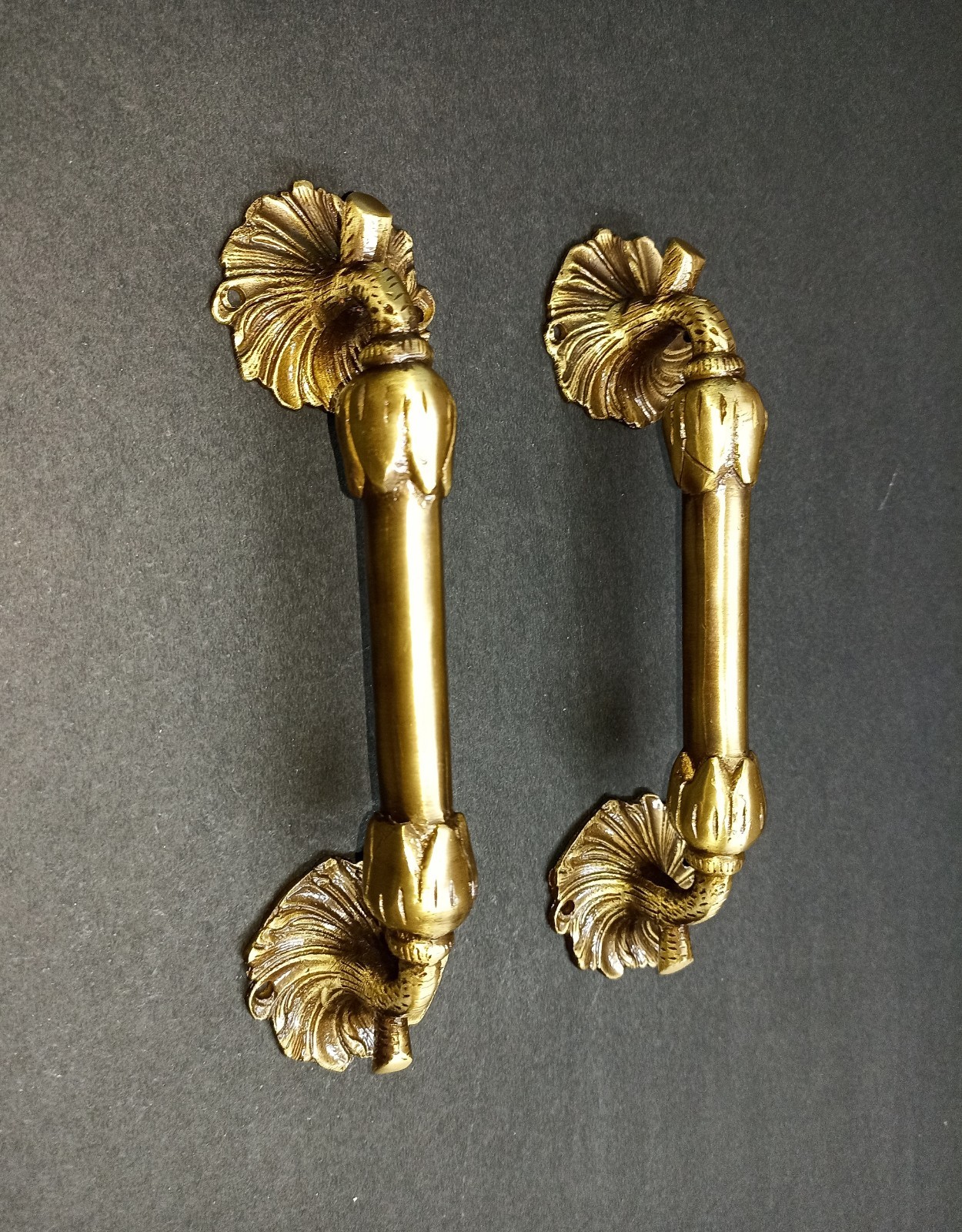 Lacquered Brass Flower Base Door Pull Floral with Twigs Design Handle Pair GTX