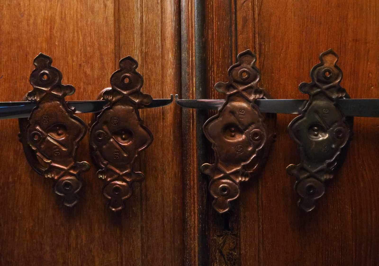 Antique French Lot of 4 Gothic Red Copper look Coffin Handles Skull and Bones B